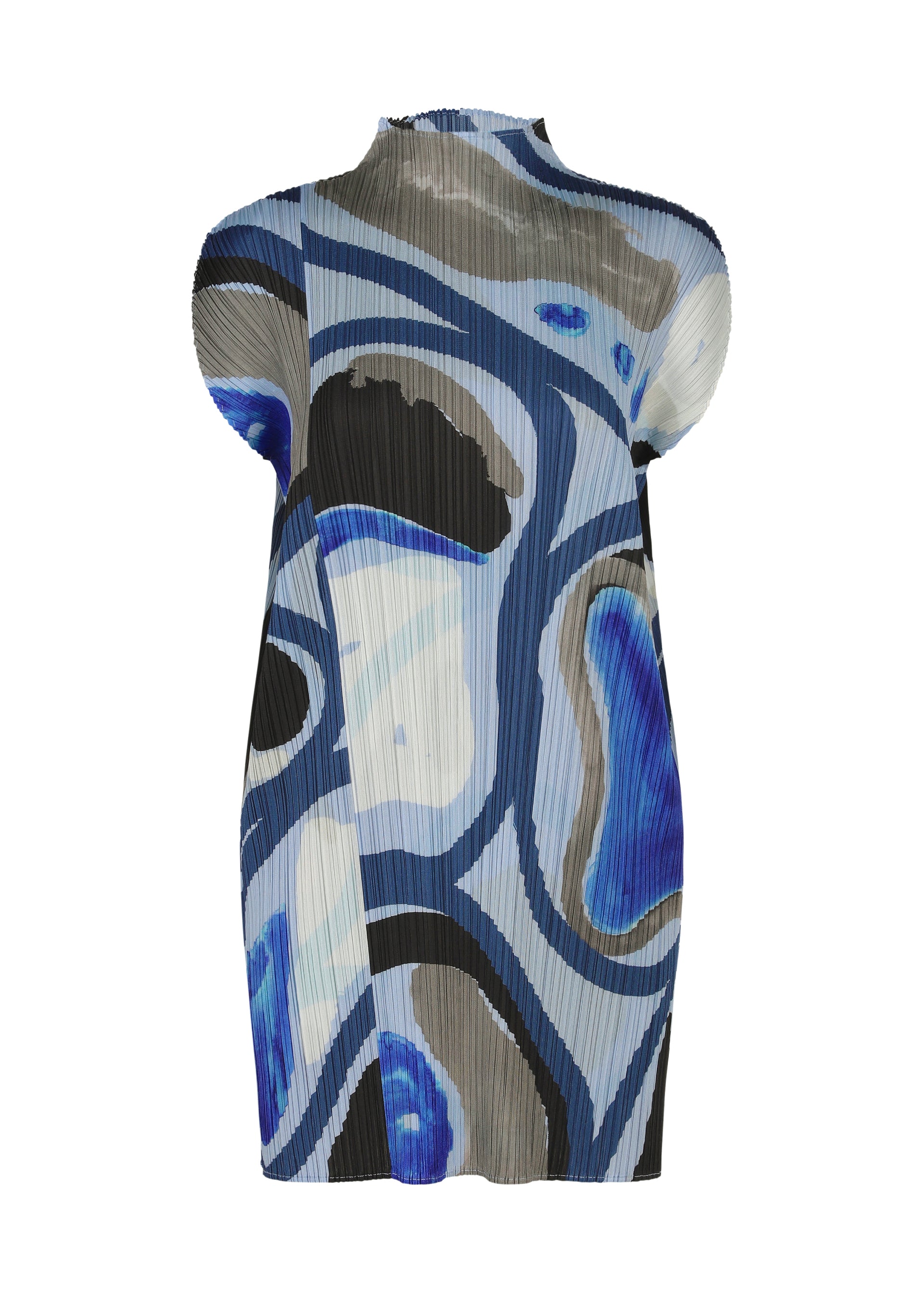 Zoomed view The ROLL dress by PLEATS PLEASE ISSEY MIYAKE is a high-neck, short-sleeve tunic with pleats, featuring an abstract blue, black, white, and gray pattern of bold curved shapes and lines for a modern artistic look. - LIGHT BLUE （no.70）