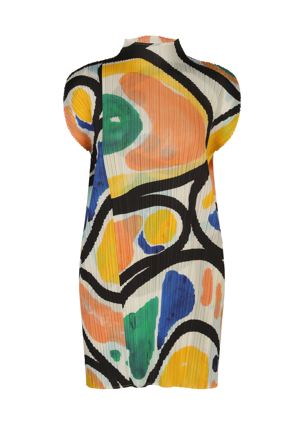The ROLL dress by PLEATS PLEASE ISSEY MIYAKE is a sleeveless, pleated high-neck tunic featuring a vibrant abstract print in black, yellow, orange, blue, and green on white. view 2 of 8