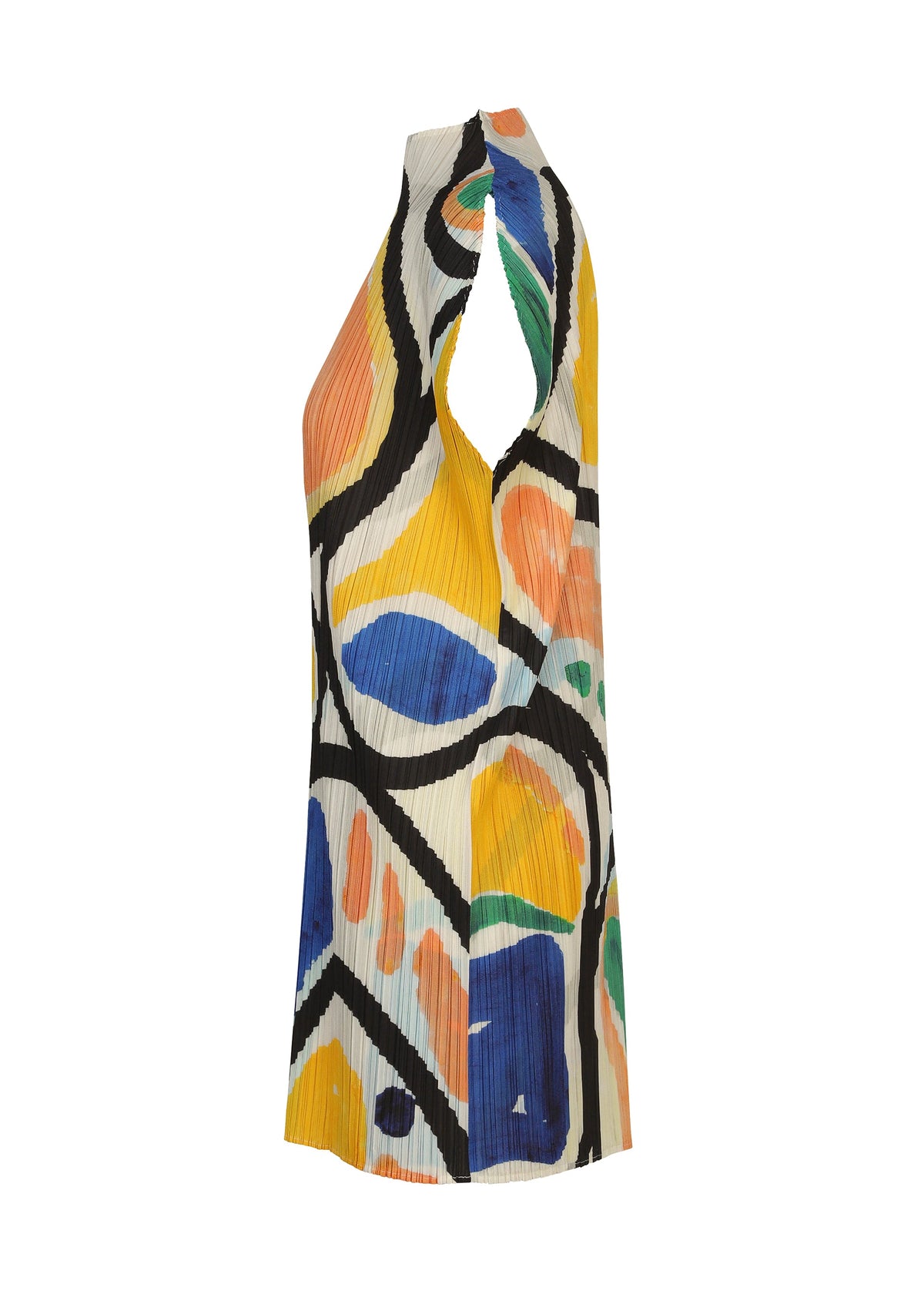 The ROLL tunic by PLEATS PLEASE ISSEY MIYAKE is a sleeveless, high-neck piece with a side cutout and pleated texture, showcasing a vibrant abstract print in yellow, blue, orange, green, and black on white. view 4 of 8