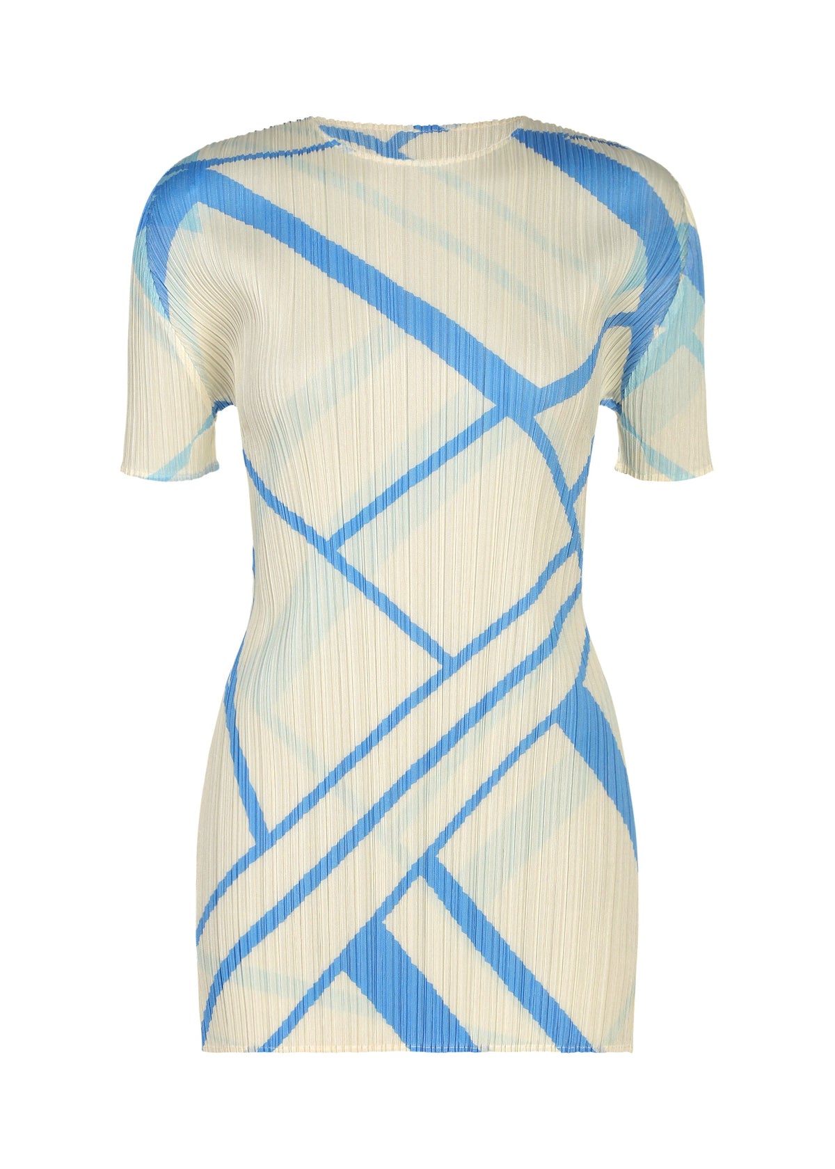 Certainly! Here’s your rewritten sentence using the provided product data: The FOLD LINE dress by PLEATS PLEASE ISSEY MIYAKE features short sleeves and a fitted silhouette, crafted from pleated fabric in beige with abstract blue diagonal stripes. Reminiscent of a round-neck tunic, this minimalist piece showcases textured pleats that enhance its geometric design. view 1 of 8