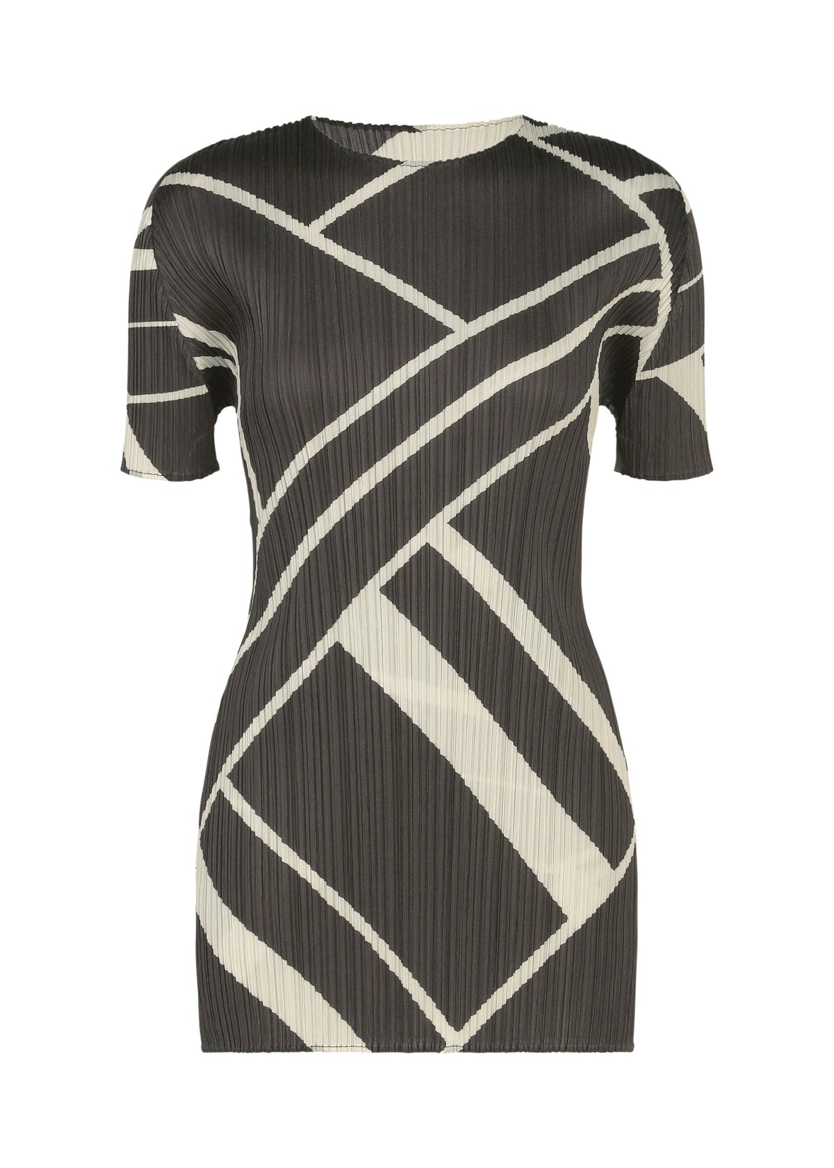 The FOLD LINE dress by PLEATS PLEASE ISSEY MIYAKE is a short-sleeve, fitted tunic style crafted from ribbed fabric, featuring a black base with bold off-white geometric lines in an abstract, asymmetrical pattern for a minimalist look. view 2 of 8
