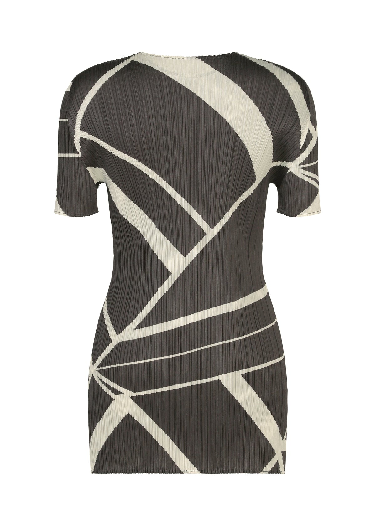 Introducing FOLD LINE from PLEATS PLEASE ISSEY MIYAKE: a short-sleeved, fitted dress crafted with a black base and striking cream geometric lines. This round-neck tunic showcases the brand’s signature pleated texture, creating a structured, contemporary silhouette that embodies minimalist design. view 3 of 8