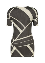 Introducing FOLD LINE from PLEATS PLEASE ISSEY MIYAKE: a short-sleeved, fitted dress crafted with a black base and striking cream geometric lines. This round-neck tunic showcases the brand’s signature pleated texture, creating a structured, contemporary silhouette that embodies minimalist design.