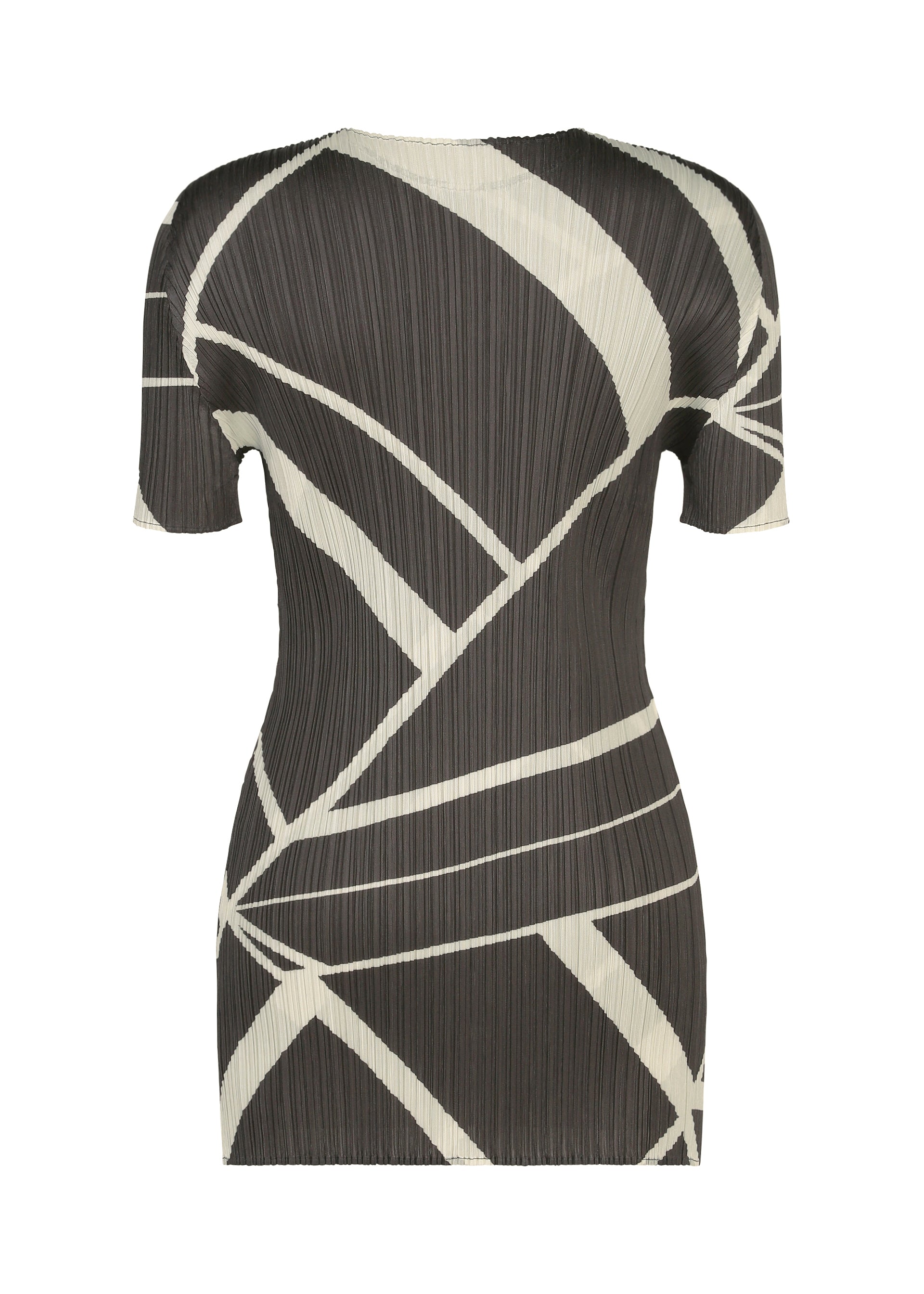 Zoomed view Introducing FOLD LINE from PLEATS PLEASE ISSEY MIYAKE: a short-sleeved, fitted dress crafted with a black base and striking cream geometric lines. This round-neck tunic showcases the brand’s signature pleated texture, creating a structured, contemporary silhouette that embodies minimalist design.