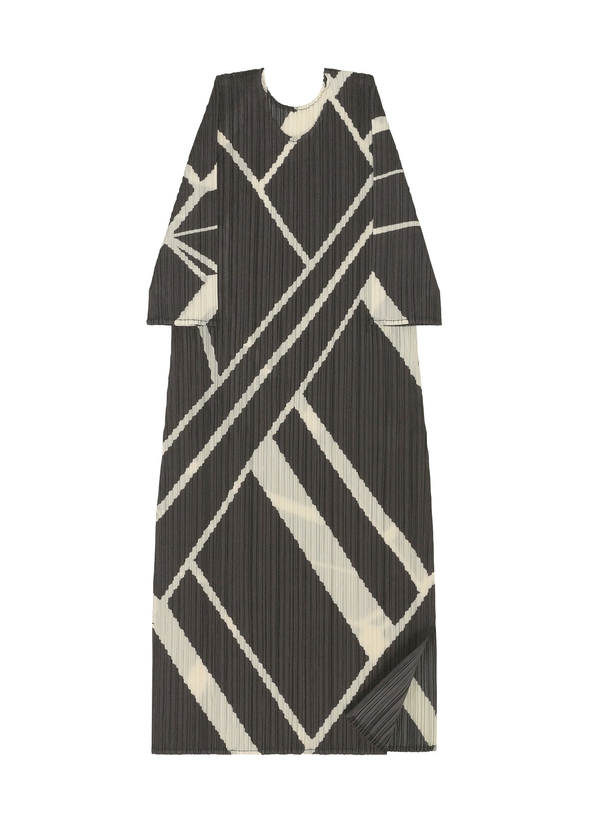Introducing FOLD LINE by PLEATS PLEASE ISSEY MIYAKE: an ankle-length, long-sleeved dress featuring a striking black and white geometric pattern of diagonal and intersecting lines. This minimalist design is finished with signature pleated detailing and a classic round neckline. view 4 of 8