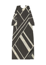 Introducing FOLD LINE by PLEATS PLEASE ISSEY MIYAKE: an ankle-length, long-sleeved dress featuring a striking black and white geometric pattern of diagonal and intersecting lines. This minimalist design is finished with signature pleated detailing and a classic round neckline.