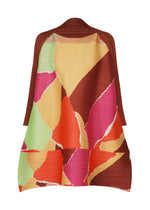 The SURPRISE! cape by PLEATS PLEASE ISSEY MIYAKE features a vibrant abstract pattern in red, orange, yellow, green, and pink. Accented with a dark brown collar and edges, its pleated design and flowing silhouette capture the playful elegance characteristic of the brand’s signature style. - ORANGE （no.32）