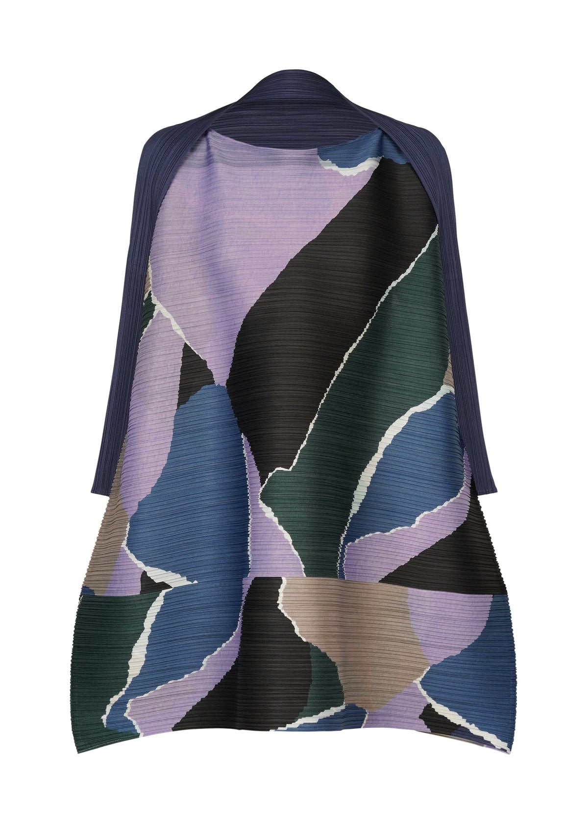 The SURPRISE! cape by PLEATS PLEASE ISSEY MIYAKE features pleats and an abstract pattern in purple, black, blue, green, and beige tones. Overlapping geometric shapes create a textured, structured silhouette evocative of a vibrant tunic. view 2 of 7
