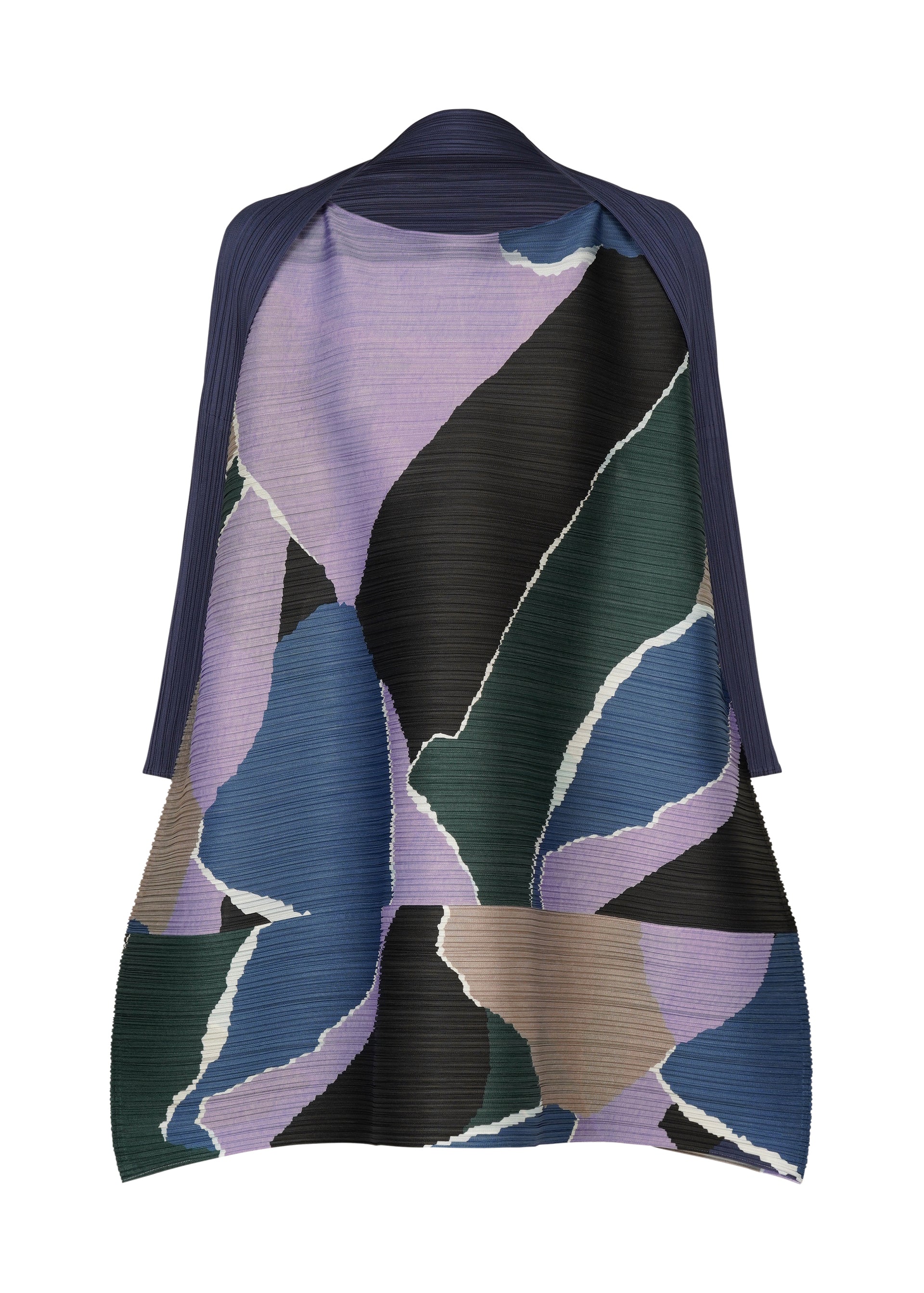 Zoomed view The SURPRISE! cape by PLEATS PLEASE ISSEY MIYAKE features pleats and an abstract pattern in purple, black, blue, green, and beige tones. Overlapping geometric shapes create a textured, structured silhouette evocative of a vibrant tunic. - PURPLE （no.81）