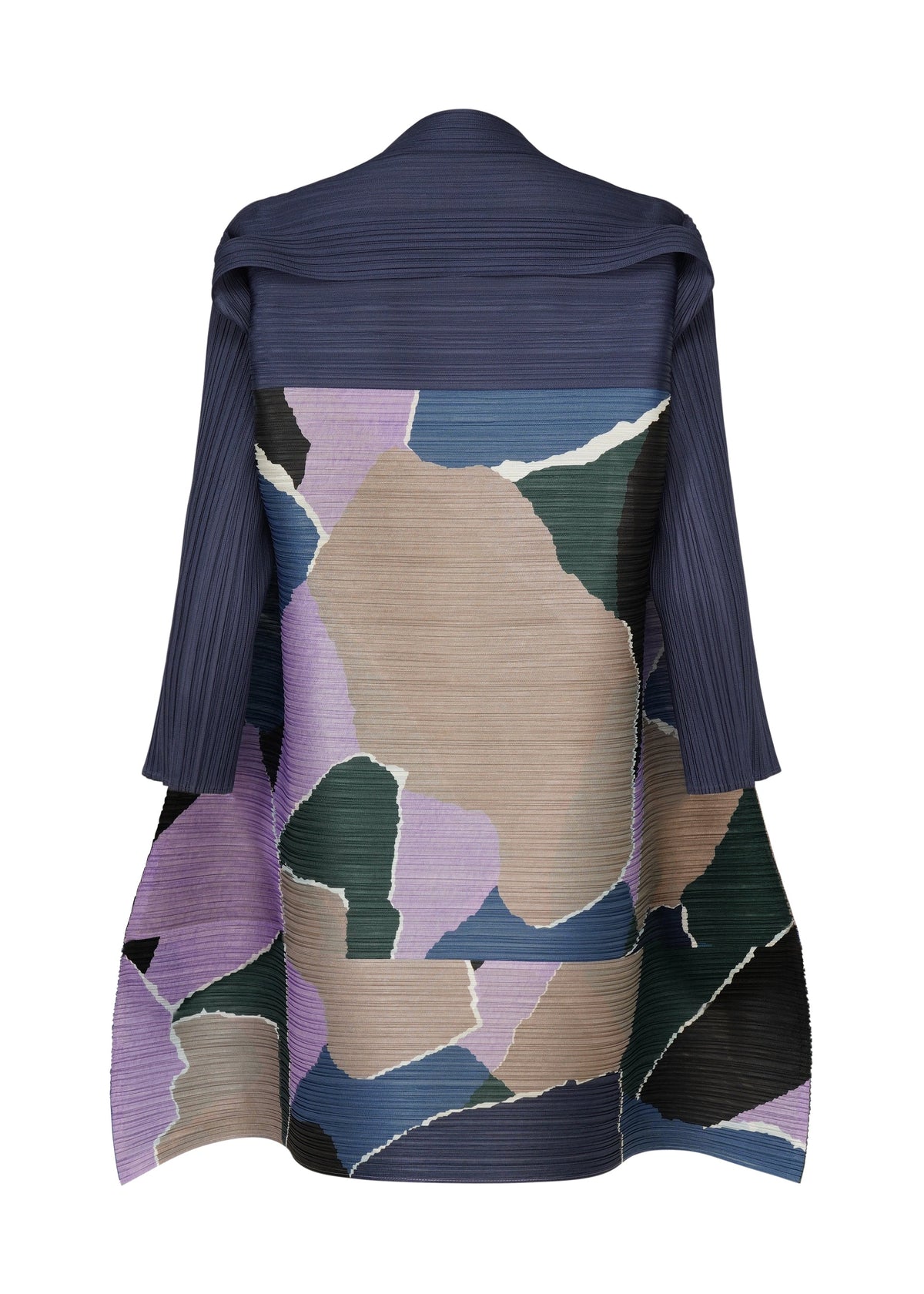 A back view of the SURPRISE! pleated tunic jacket by PLEATS PLEASE ISSEY MIYAKE, featuring long sleeves and an abstract, multicolored pattern in navy, beige, lavender, green, and black. view 3 of 7