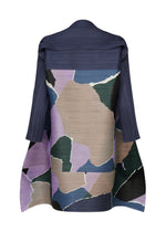 A back view of the SURPRISE! pleated tunic jacket by PLEATS PLEASE ISSEY MIYAKE, featuring long sleeves and an abstract, multicolored pattern in navy, beige, lavender, green, and black.