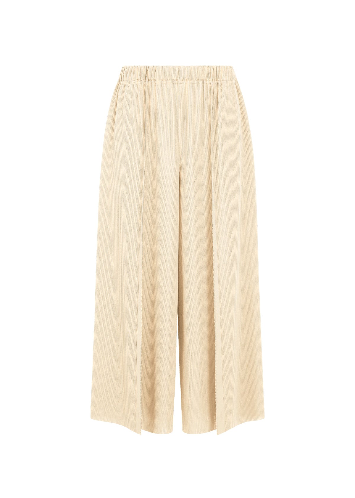 The A-POC BOTTOMS from PLEATS PLEASE ISSEY MIYAKE feature a wide-leg, cropped silhouette in beige, with an elastic waistband and a subtle A-POC structure. Crafted from a lightweight, textured fabric, these pants are showcased against a plain white background. view 1 of 13