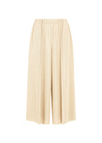 The A-POC BOTTOMS from PLEATS PLEASE ISSEY MIYAKE feature a wide-leg, cropped silhouette in beige, with an elastic waistband and a subtle A-POC structure. Crafted from a lightweight, textured fabric, these pants are showcased against a plain white background. - WHITE （no.01）