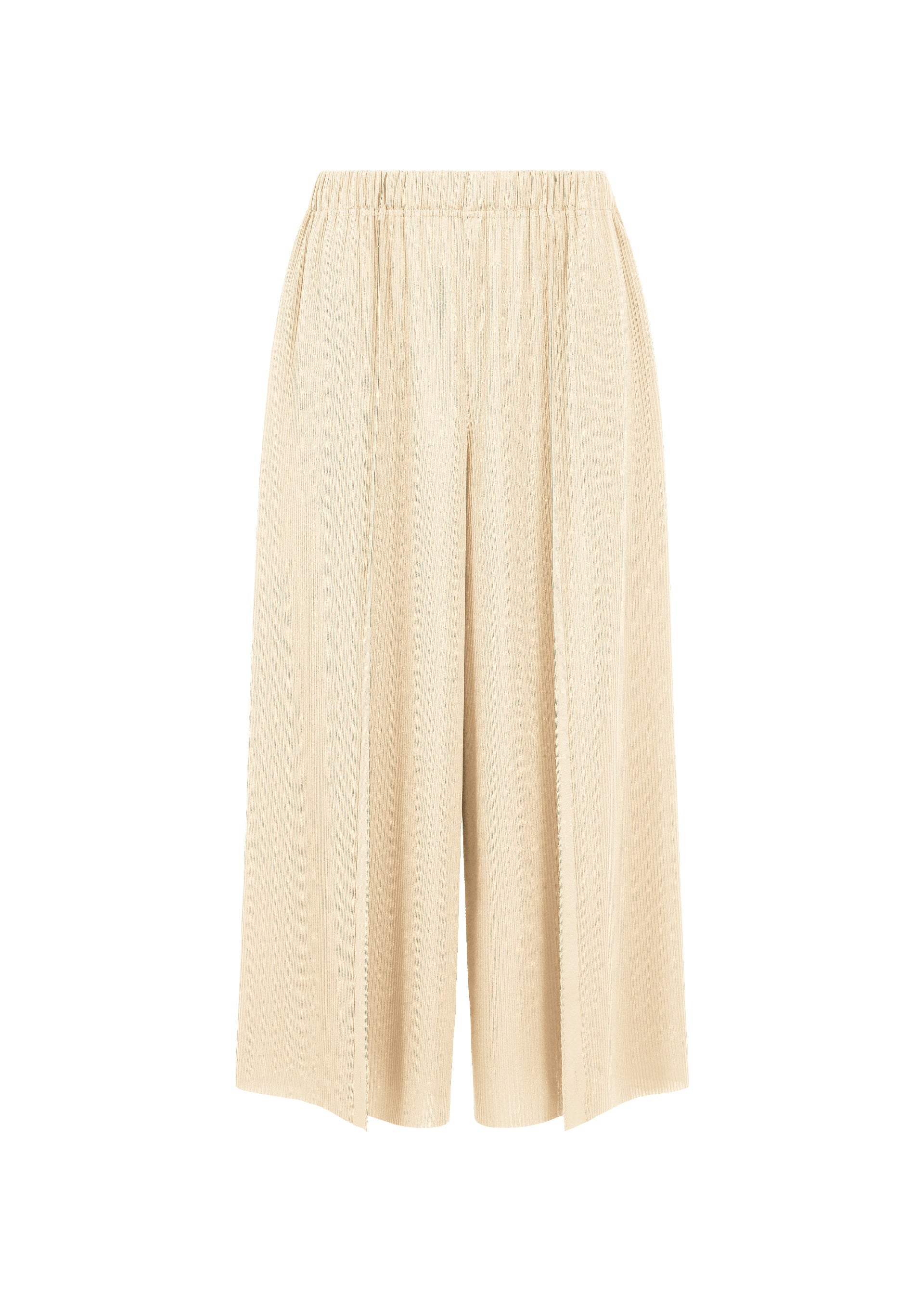 Zoomed view The A-POC BOTTOMS from PLEATS PLEASE ISSEY MIYAKE feature a wide-leg, cropped silhouette in beige, with an elastic waistband and a subtle A-POC structure. Crafted from a lightweight, textured fabric, these pants are showcased against a plain white background. - WHITE （no.01）