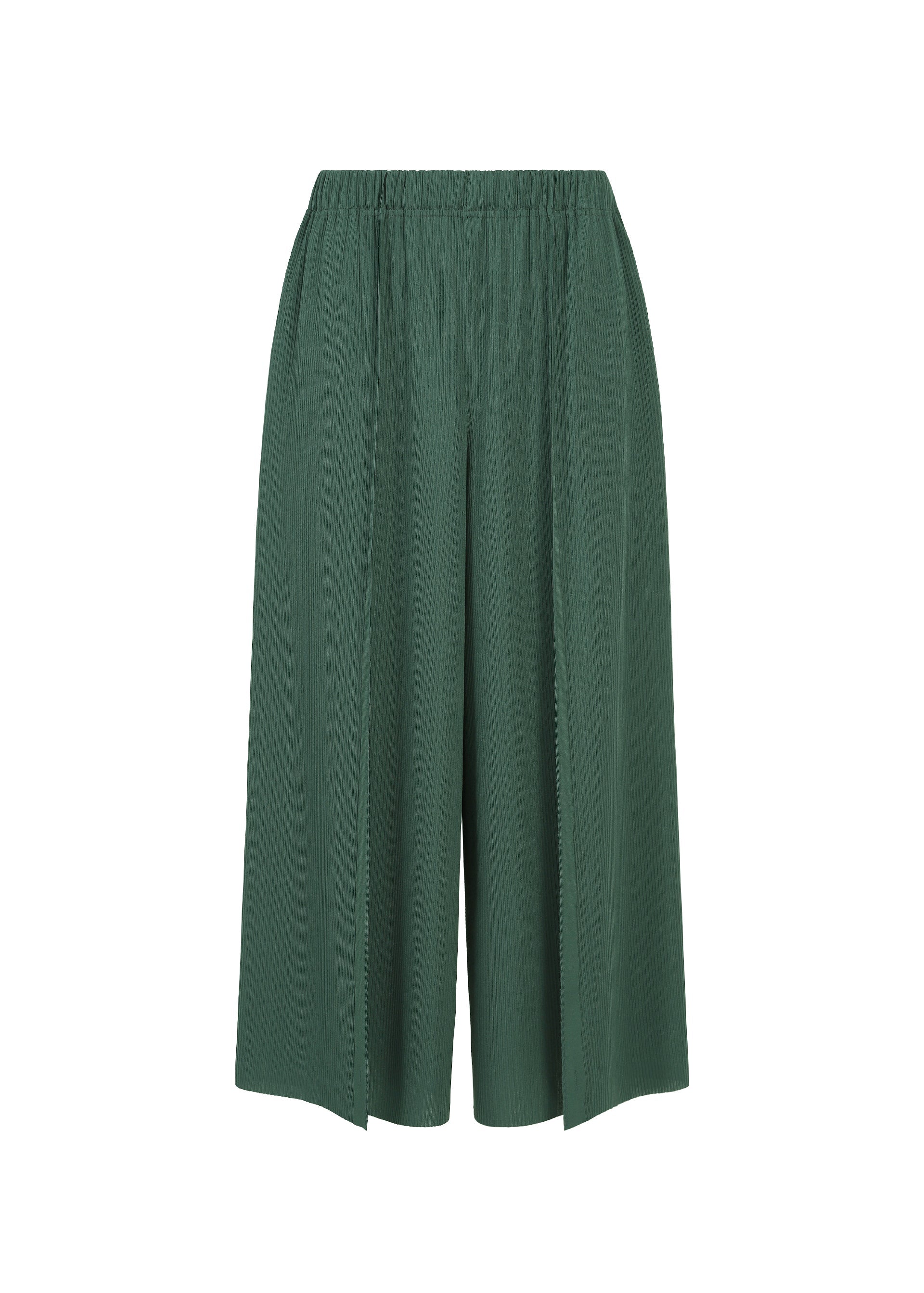 Zoomed view The A-POC BOTTOMS by PLEATS PLEASE ISSEY MIYAKE are green, wide-legged pleated culotte pants featuring an elastic waistband and a distinctive A-POC structure, shown against a white background. - MOSS GREEN （no.68）