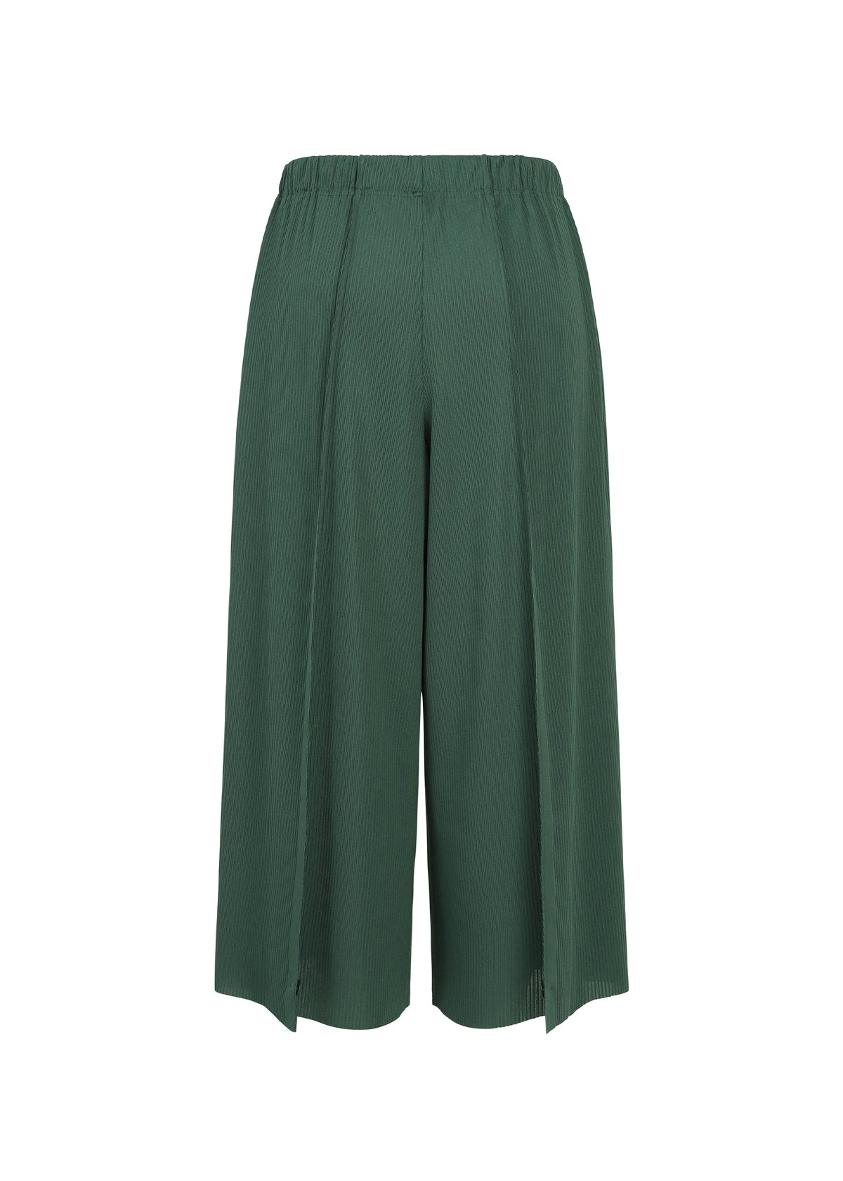 A-POC BOTTOMS by PLEATS PLEASE ISSEY MIYAKE in dark green, featuring wide-leg culottes with an elastic waistband and subtle vertical texture enhanced by a touch of A-POC structure, shown against a plain white background. view 4 of 13