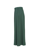 A-POC BOTTOMS by PLEATS PLEASE ISSEY MIYAKE: high-waisted, loose-fitting green pleated pants featuring an elastic waistband and wide, flared legs, displayed from a side angle against a white background.