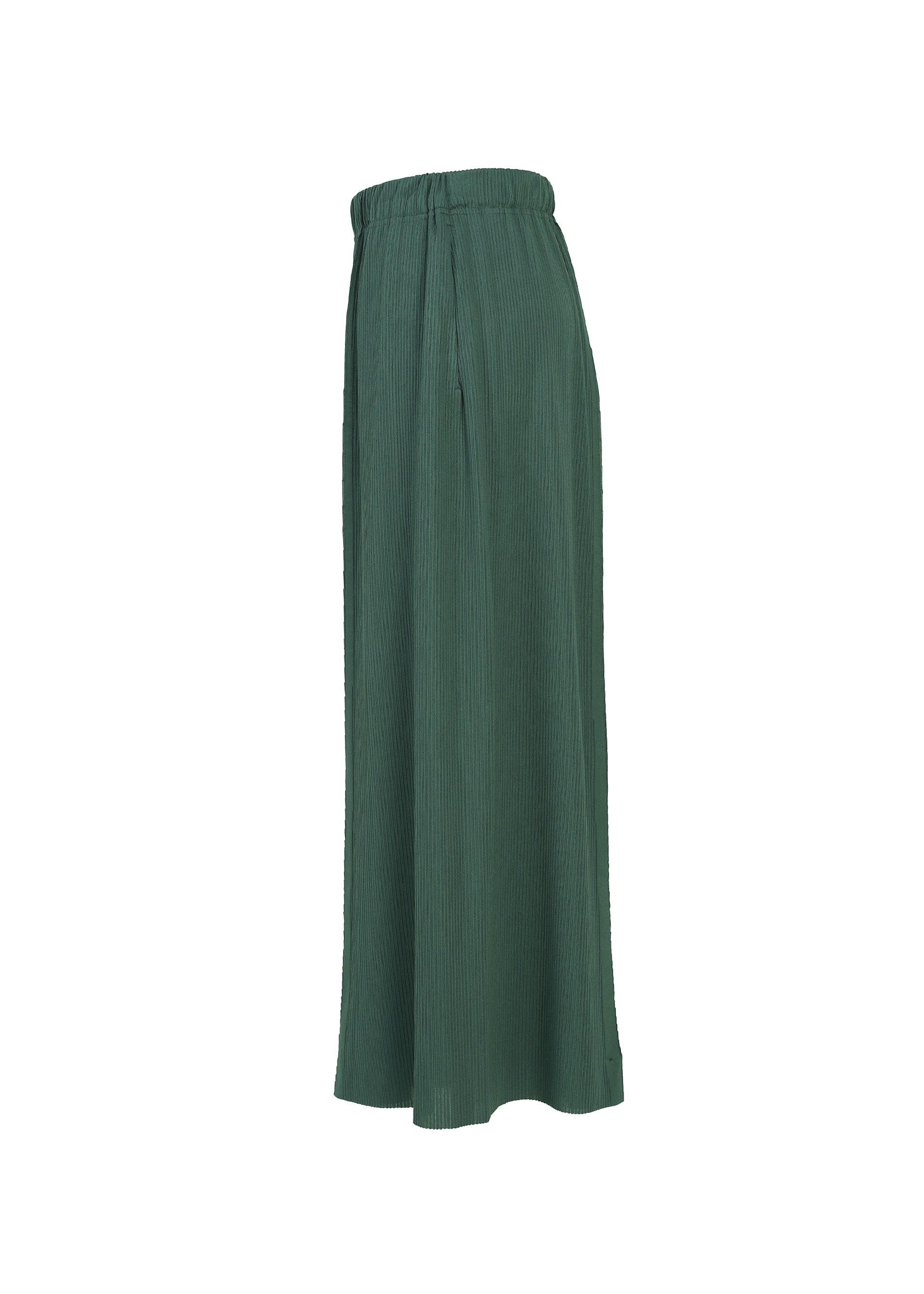 Zoomed view A-POC BOTTOMS by PLEATS PLEASE ISSEY MIYAKE: high-waisted, loose-fitting green pleated pants featuring an elastic waistband and wide, flared legs, displayed from a side angle against a white background.