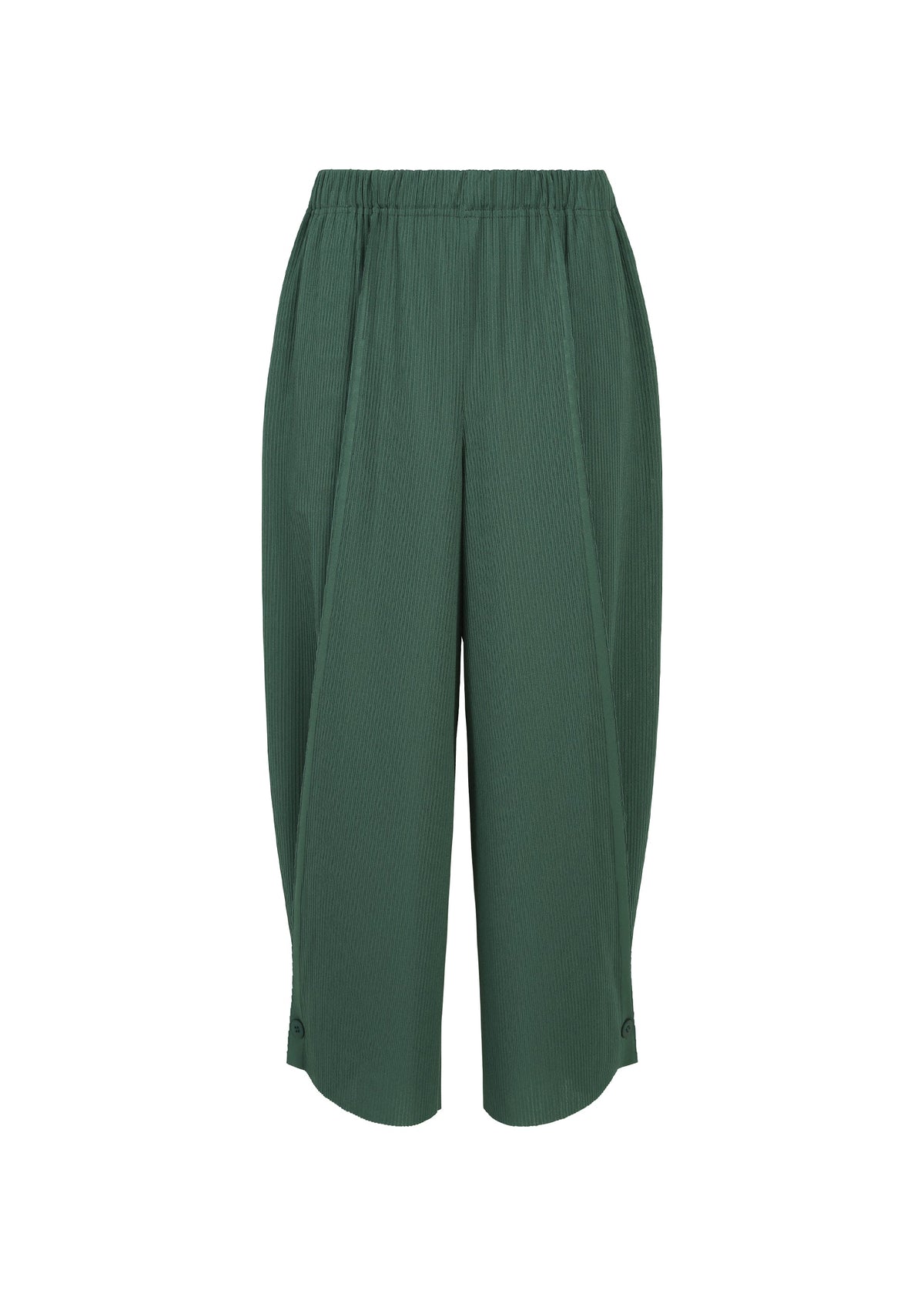 A-POC BOTTOMS by PLEATS PLEASE ISSEY MIYAKE, dark green loose-fitting cropped pleated pants featuring an elastic waistband and subtle vertical texture, displayed on a plain white background. view 6 of 13