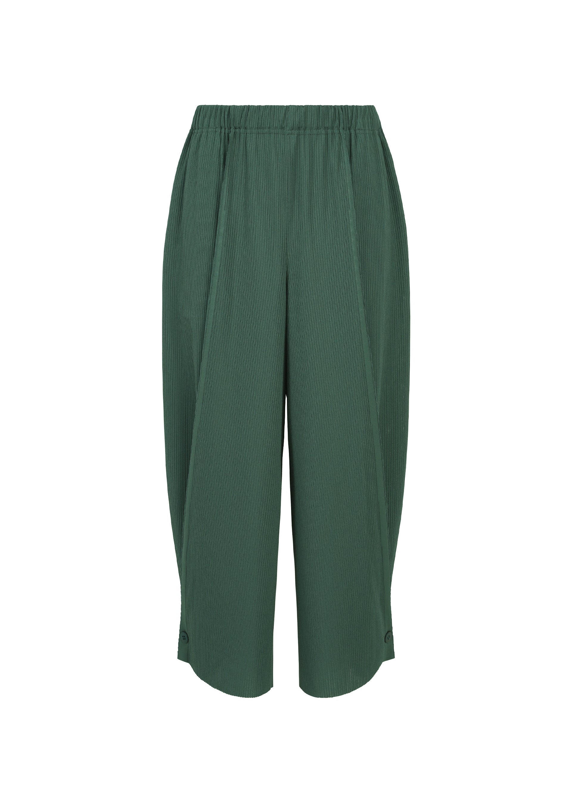Zoomed view A-POC BOTTOMS by PLEATS PLEASE ISSEY MIYAKE, dark green loose-fitting cropped pleated pants featuring an elastic waistband and subtle vertical texture, displayed on a plain white background.