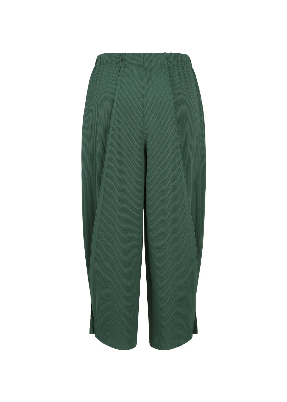 The A-POC BOTTOMS by PLEATS PLEASE ISSEY MIYAKE are dark green, loose-fitting cropped pleated pants featuring an elastic waistband, a subtle vertical texture inspired by A-POC structures, and small side slits at the hem, shown against a white background. view 7 of 13