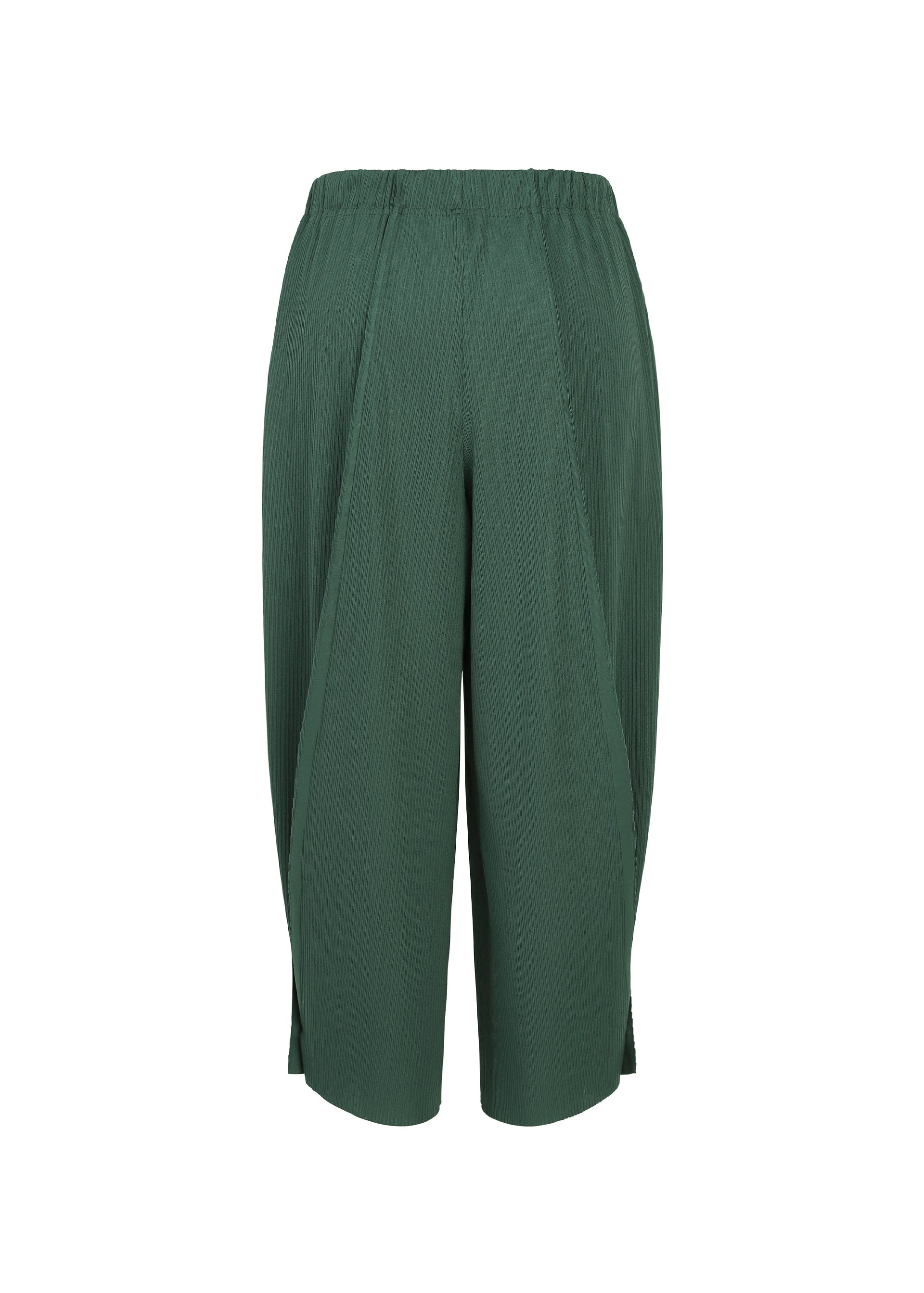 Zoomed view The A-POC BOTTOMS by PLEATS PLEASE ISSEY MIYAKE are dark green, loose-fitting cropped pleated pants featuring an elastic waistband, a subtle vertical texture inspired by A-POC structures, and small side slits at the hem, shown against a white background.