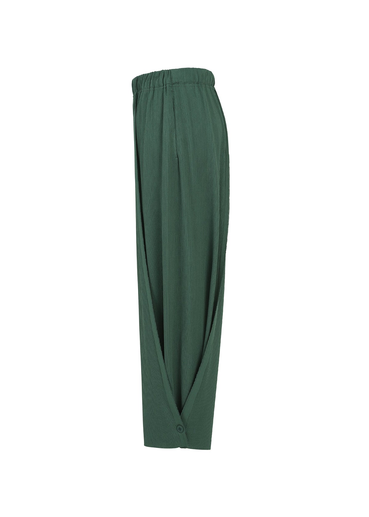 The PLEATS PLEASE ISSEY MIYAKE A-POC BOTTOMS are wide-leg dark green pleated pants with an elastic waistband, showcasing A-POC structure and overlapping fabric panels that wrap around the front and fasten at the ankle for a flared yet tapered silhouette, shown against a plain white background. view 8 of 13