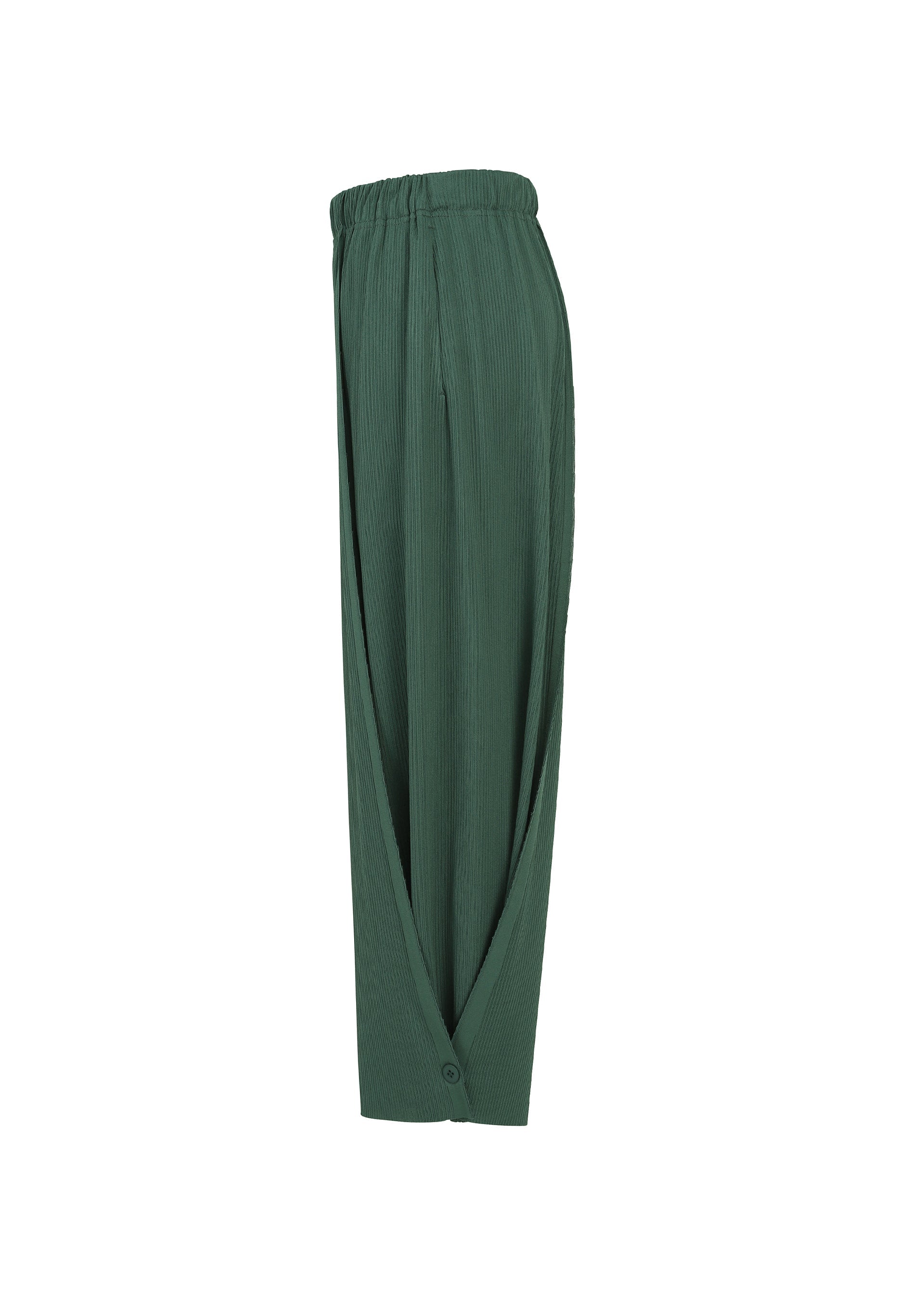 Zoomed view The PLEATS PLEASE ISSEY MIYAKE A-POC BOTTOMS are wide-leg dark green pleated pants with an elastic waistband, showcasing A-POC structure and overlapping fabric panels that wrap around the front and fasten at the ankle for a flared yet tapered silhouette, shown against a plain white background.
