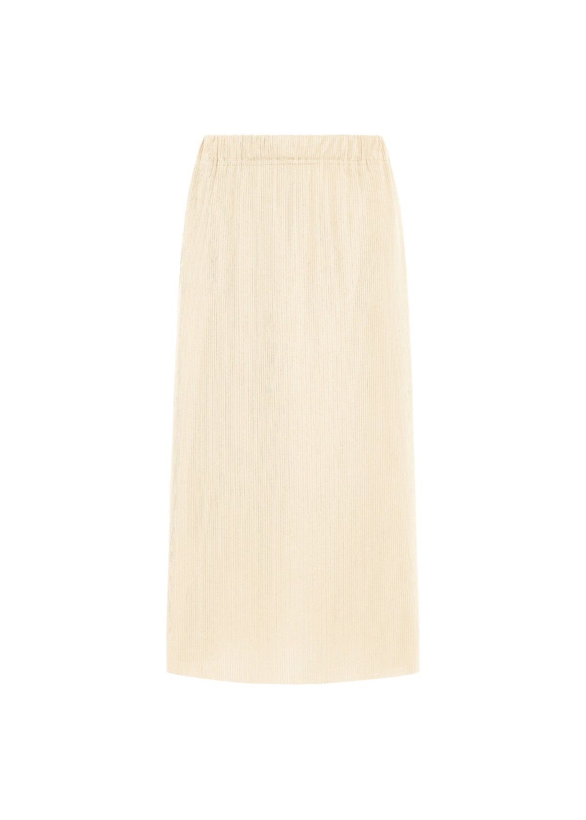 The A-POC BOTTOMS by PLEATS PLEASE ISSEY MIYAKE is a beige, knee-length skirt with a straight cut and subtle textured fabric, featuring discreet pockets for added convenience, shown against a plain white background. view 1 of 9