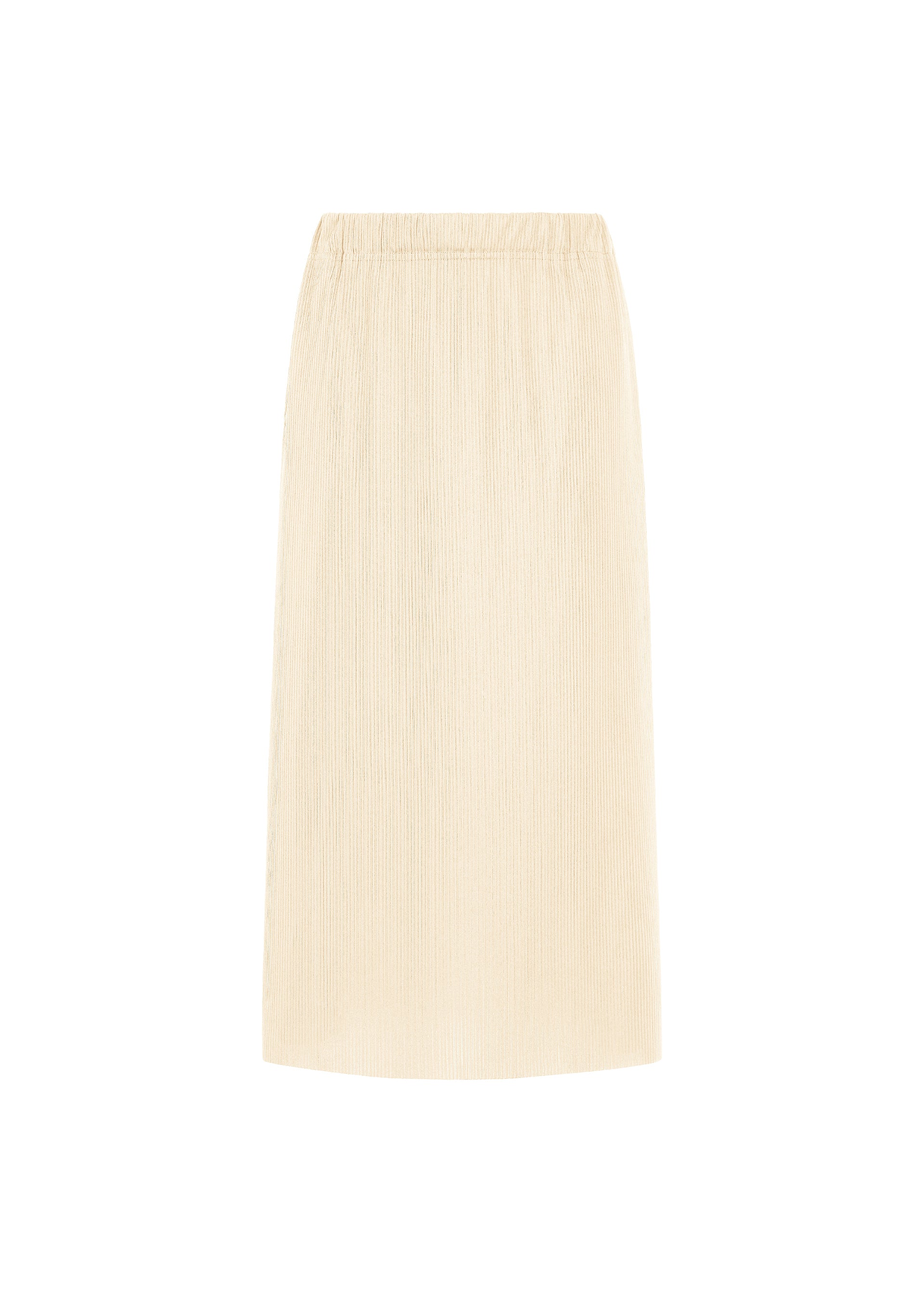 Zoomed view The A-POC BOTTOMS by PLEATS PLEASE ISSEY MIYAKE is a beige, knee-length skirt with a straight cut and subtle textured fabric, featuring discreet pockets for added convenience, shown against a plain white background. - WHITE （no.01）