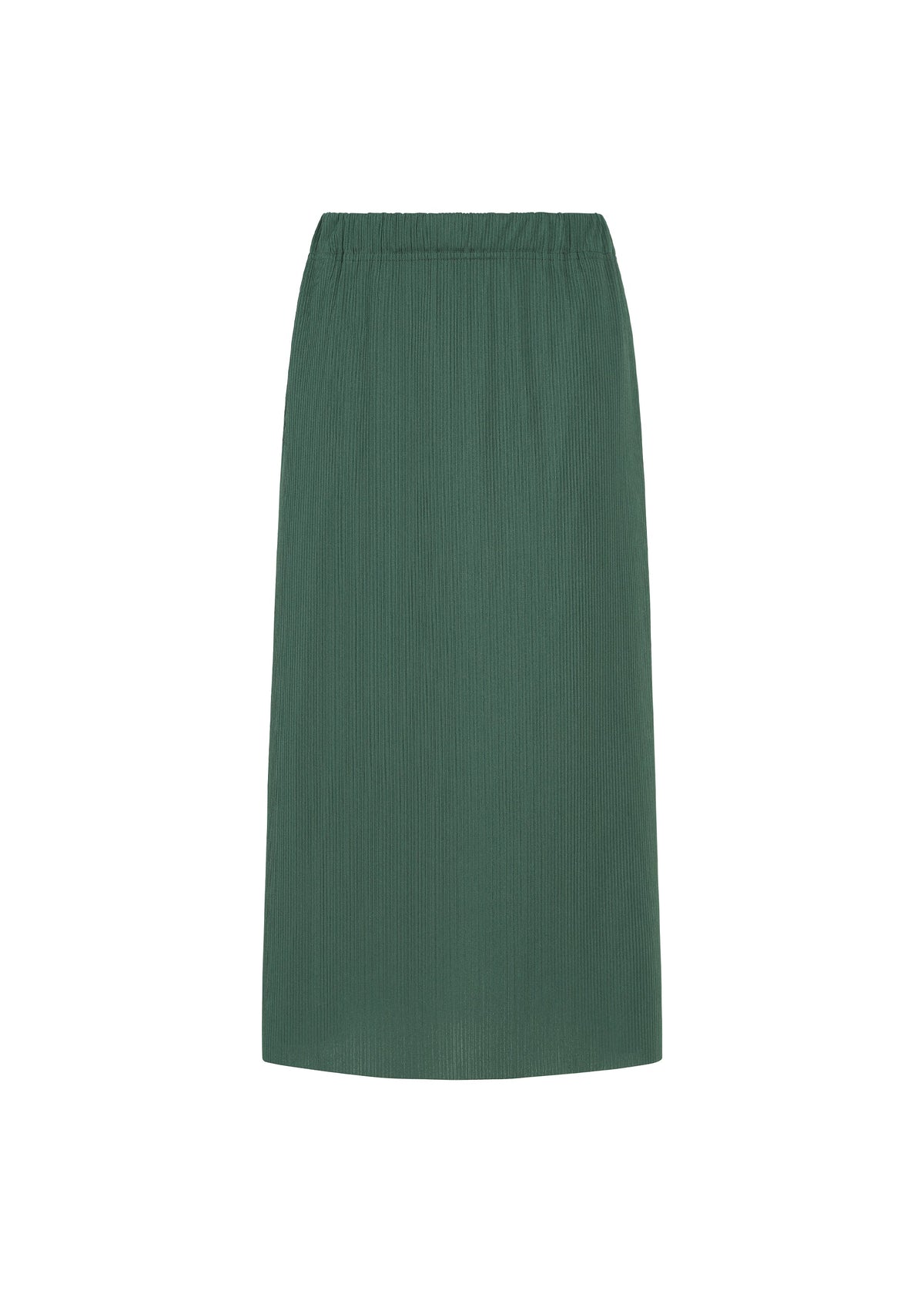 The PLEATS PLEASE ISSEY MIYAKE A-POC BOTTOMS is a straight-cut, midi-length skirt crafted in dark green fabric with a subtle textured pattern and an elastic waistband, featuring convenient pockets for added functionality, shown against a white background. view 3 of 9