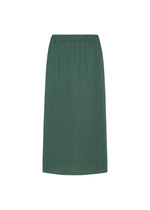 The PLEATS PLEASE ISSEY MIYAKE A-POC BOTTOMS is a straight-cut, midi-length skirt crafted in dark green fabric with a subtle textured pattern and an elastic waistband, featuring convenient pockets for added functionality, shown against a white background. - MOSS GREEN （no.68）