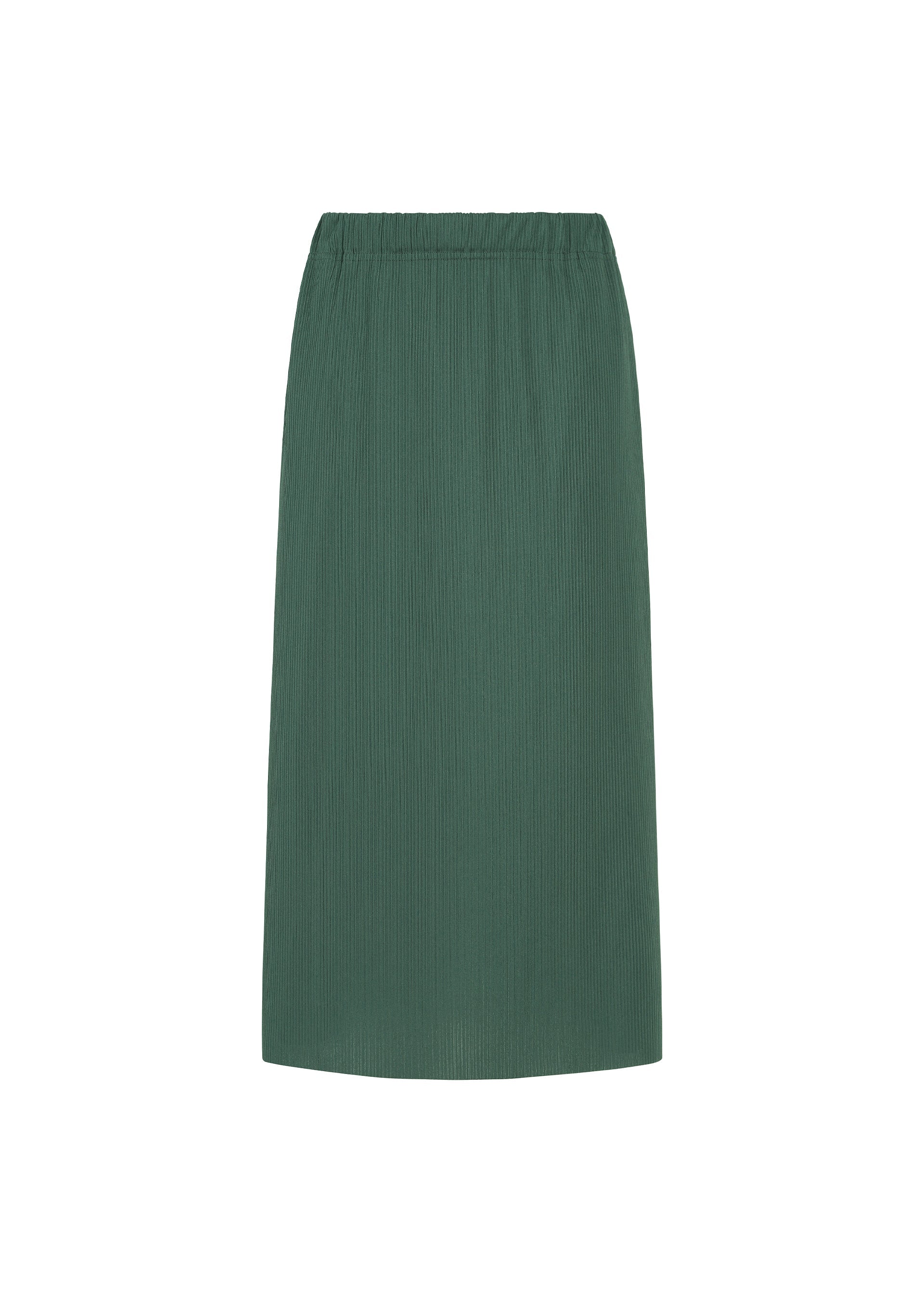 Zoomed view The PLEATS PLEASE ISSEY MIYAKE A-POC BOTTOMS is a straight-cut, midi-length skirt crafted in dark green fabric with a subtle textured pattern and an elastic waistband, featuring convenient pockets for added functionality, shown against a white background. - MOSS GREEN （no.68）