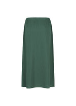 The A-POC BOTTOMS by PLEATS PLEASE ISSEY MIYAKE is a plain green midi skirt with a straight cut and an elastic waistband, featuring an innovative A-POC structure, displayed against a white background.