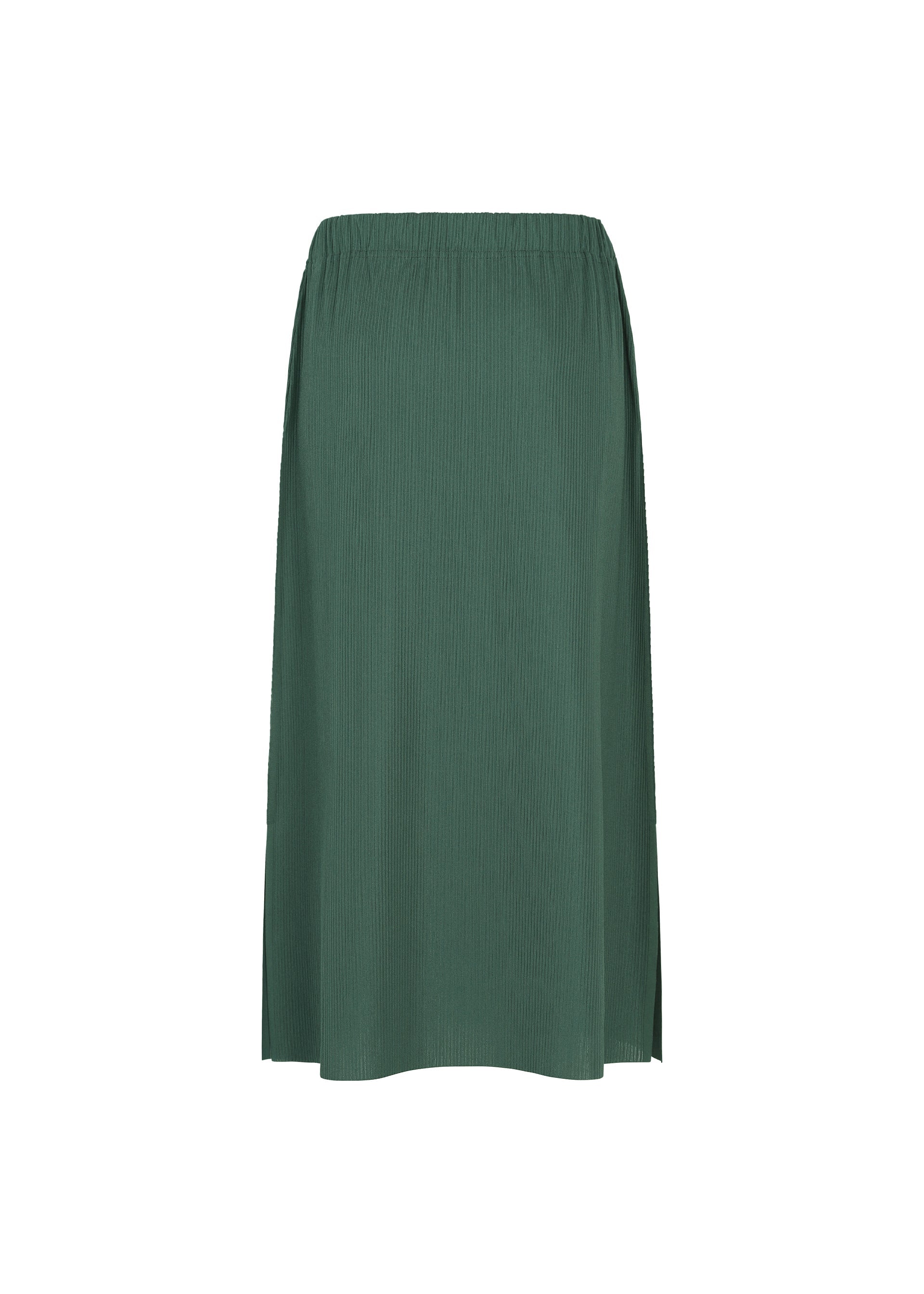 Zoomed view The A-POC BOTTOMS by PLEATS PLEASE ISSEY MIYAKE is a plain green midi skirt with a straight cut and an elastic waistband, featuring an innovative A-POC structure, displayed against a white background.