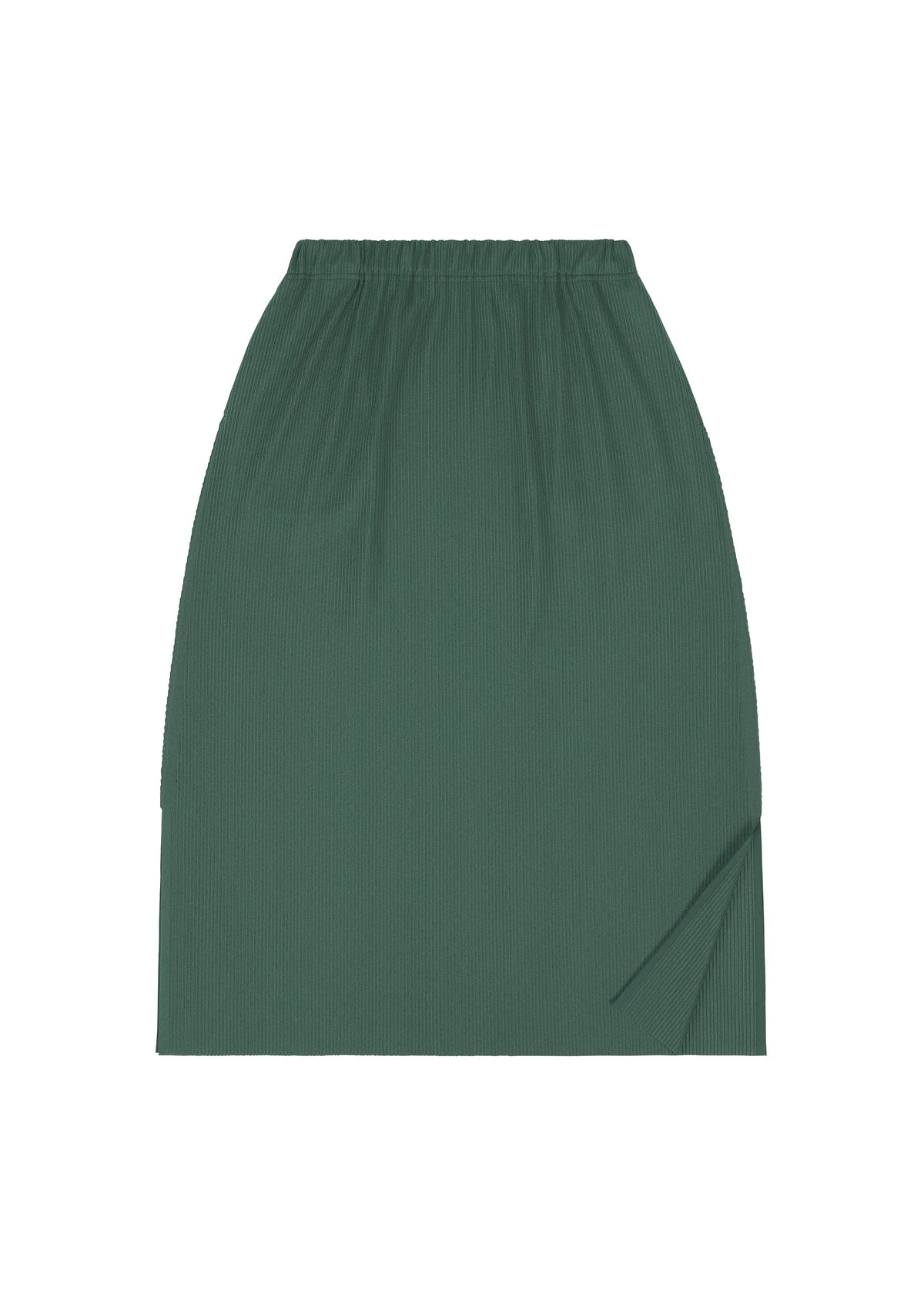 The A-POC BOTTOMS by PLEATS PLEASE ISSEY MIYAKE is a green, knee-length pleated skirt featuring an elastic waistband and a small side slit near the bottom hem, shown laid flat on a white background. view 5 of 9