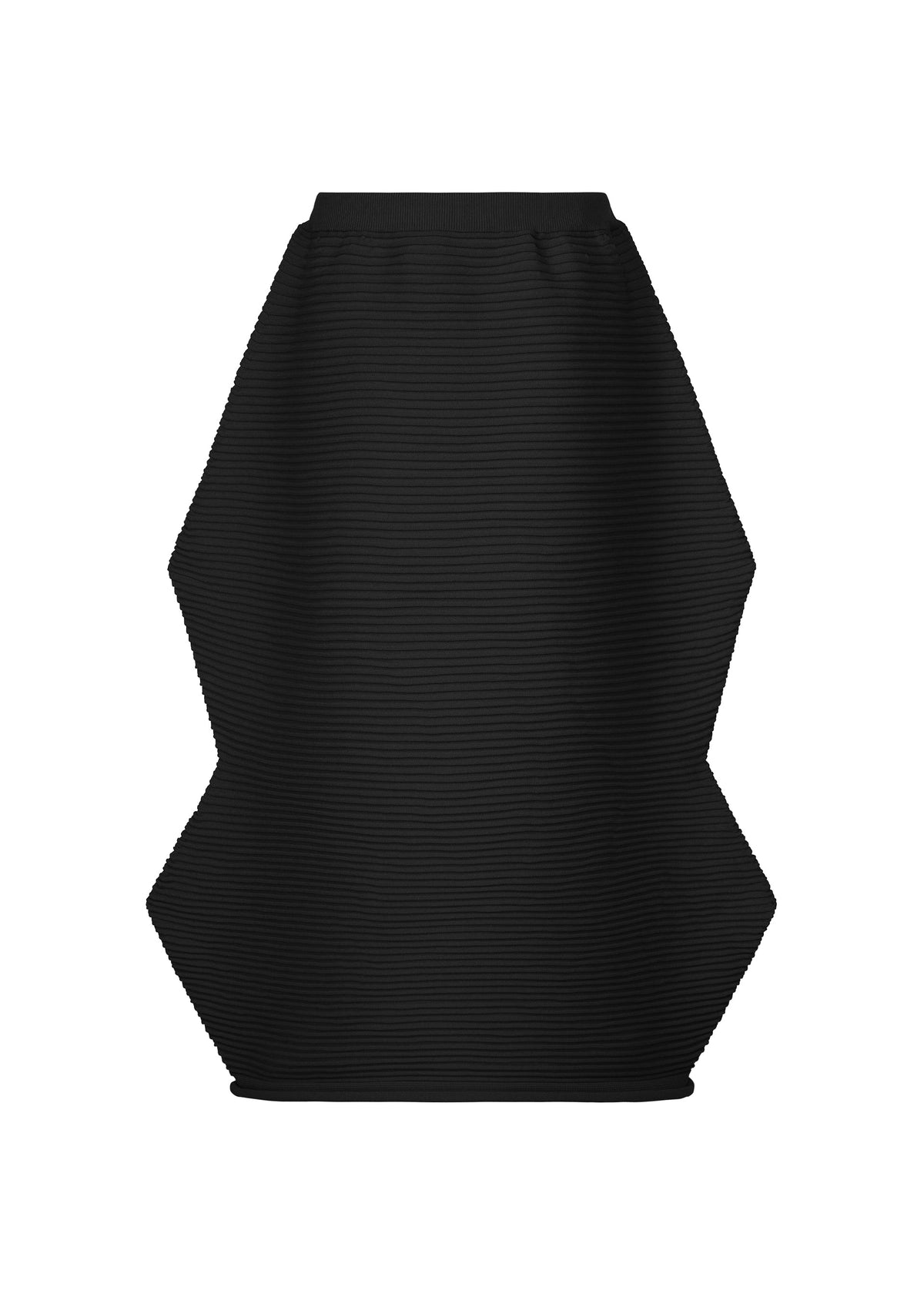 The ZIG ZAG KNIT skirt by PLEATS PLEASE ISSEY MIYAKE features a black, seamless knit design with a textured ribbed fabric. Its striking geometric hourglass silhouette flares at the hips and calves, creating an eye-catching zigzag shape. Crafted from lightweight material, this bold statement piece is set against a white background. view 1 of 8