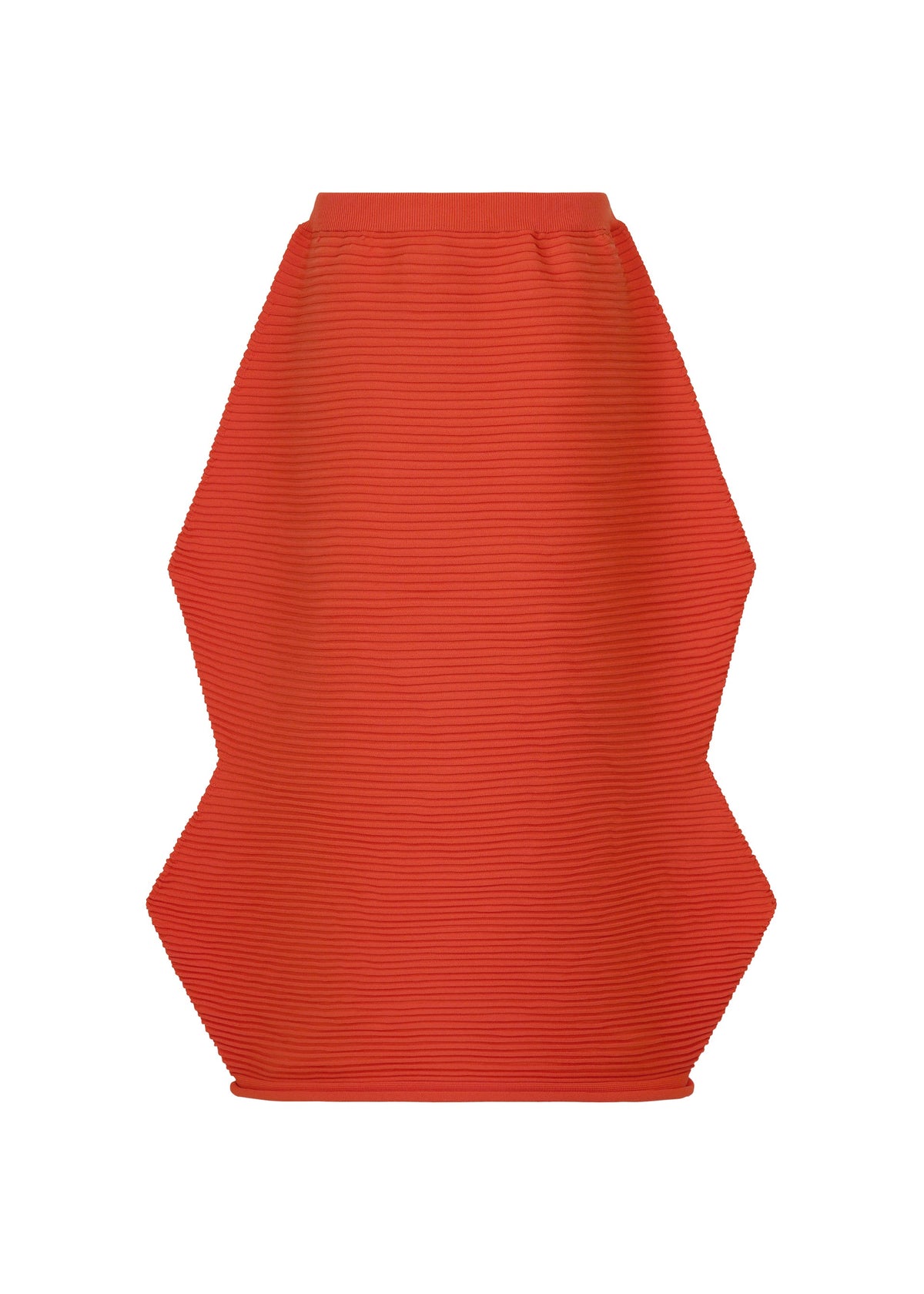The ZIG ZAG KNIT skirt by PLEATS PLEASE ISSEY MIYAKE features a red textured design with a distinctive geometric zigzag silhouette and a fitted waistband, crafted from lightweight material and displayed against a white background. view 2 of 8