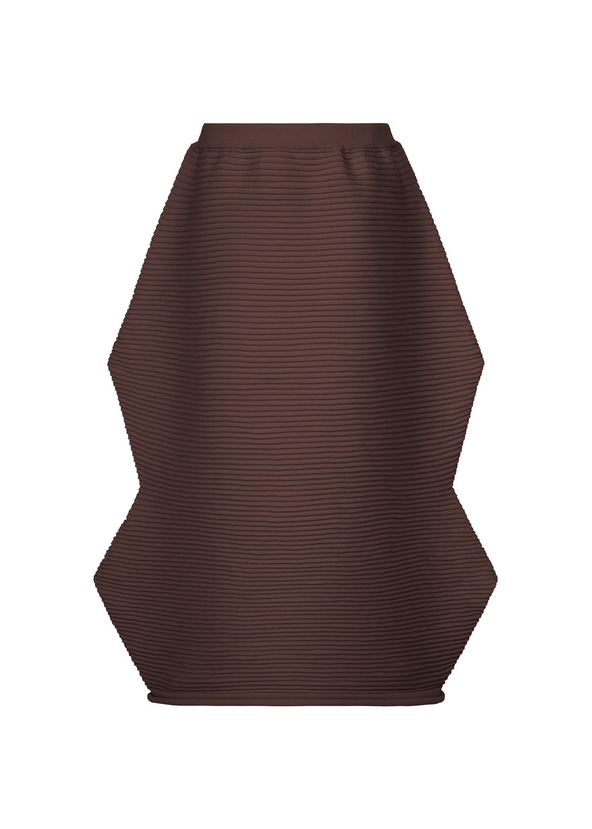 The ZIG ZAG KNIT skirt by PLEATS PLEASE ISSEY MIYAKE is a brown, structured seamless knit design with a ribbed texture, showcasing a distinctive zigzag silhouette and angular sides, displayed on a plain white background. view 3 of 8