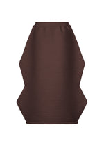 The ZIG ZAG KNIT skirt by PLEATS PLEASE ISSEY MIYAKE is a brown, structured seamless knit design with a ribbed texture, showcasing a distinctive zigzag silhouette and angular sides, displayed on a plain white background. - DARK BROWN （no.47）