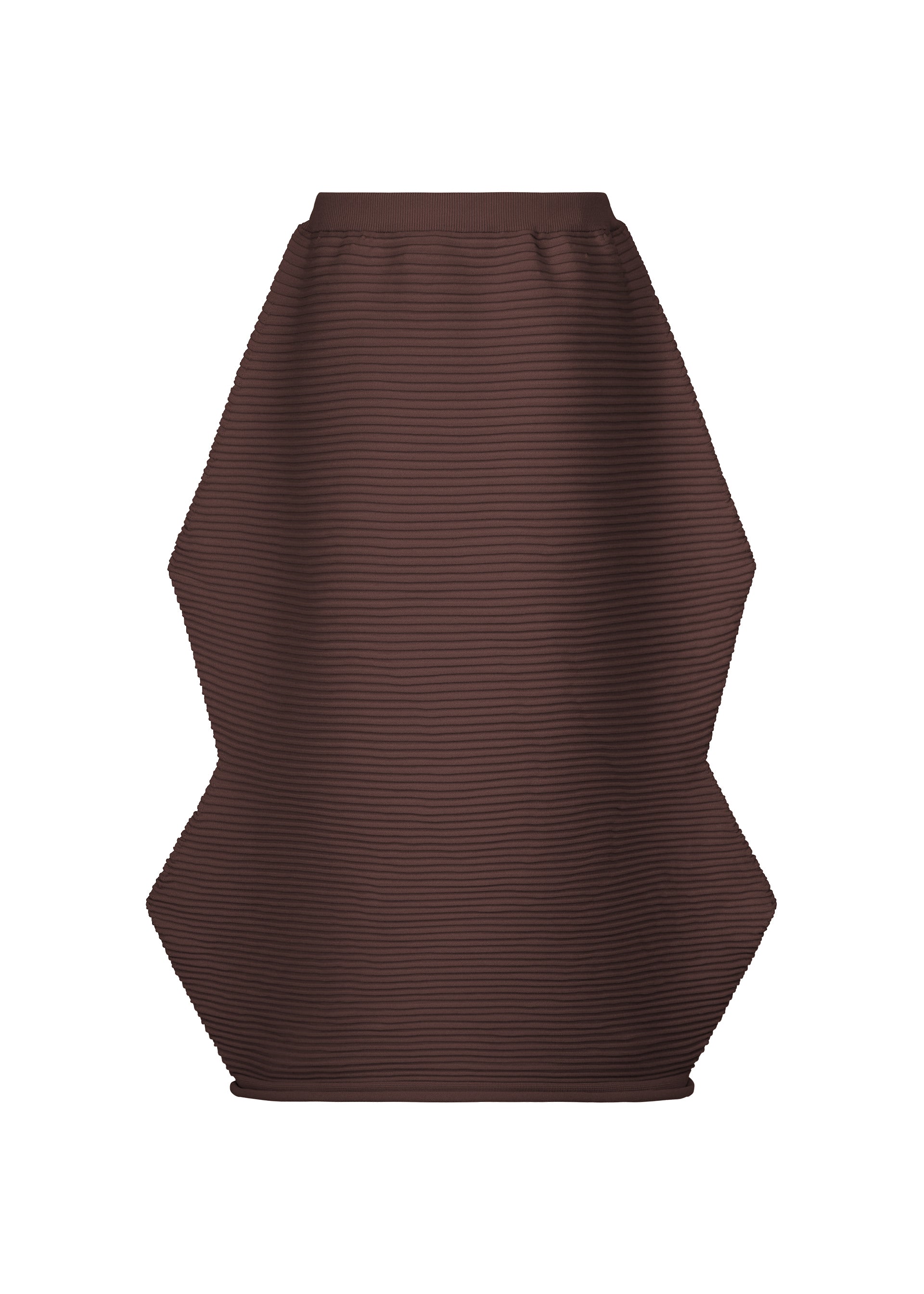 Zoomed view The ZIG ZAG KNIT skirt by PLEATS PLEASE ISSEY MIYAKE is a brown, structured seamless knit design with a ribbed texture, showcasing a distinctive zigzag silhouette and angular sides, displayed on a plain white background. - DARK BROWN （no.47）