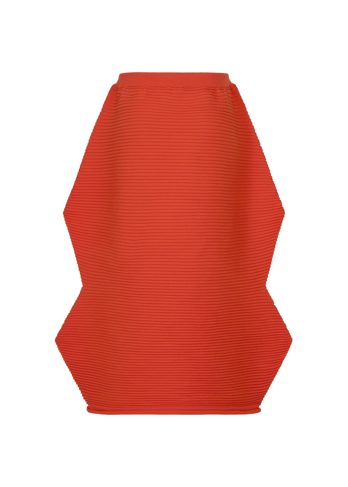 A vibrant red ZIG ZAG KNIT skirt by PLEATS PLEASE ISSEY MIYAKE, featuring a distinctive sculptural zigzag silhouette with bold, angular side panels and a fitted waist. view 4 of 8