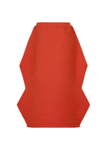A vibrant red ZIG ZAG KNIT skirt by PLEATS PLEASE ISSEY MIYAKE, featuring a distinctive sculptural zigzag silhouette with bold, angular side panels and a fitted waist.
