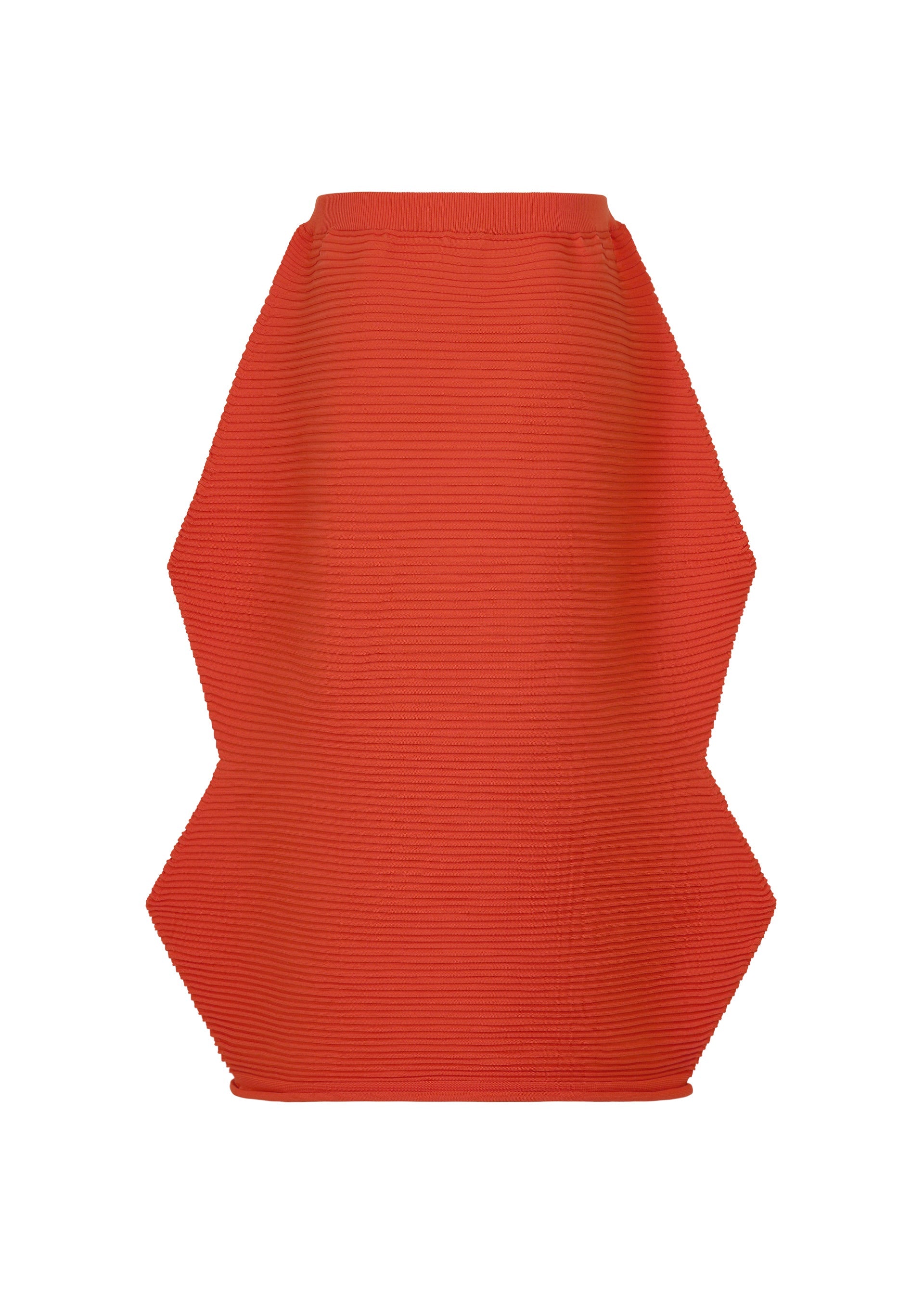 Zoomed view A vibrant red ZIG ZAG KNIT skirt by PLEATS PLEASE ISSEY MIYAKE, featuring a distinctive sculptural zigzag silhouette with bold, angular side panels and a fitted waist.