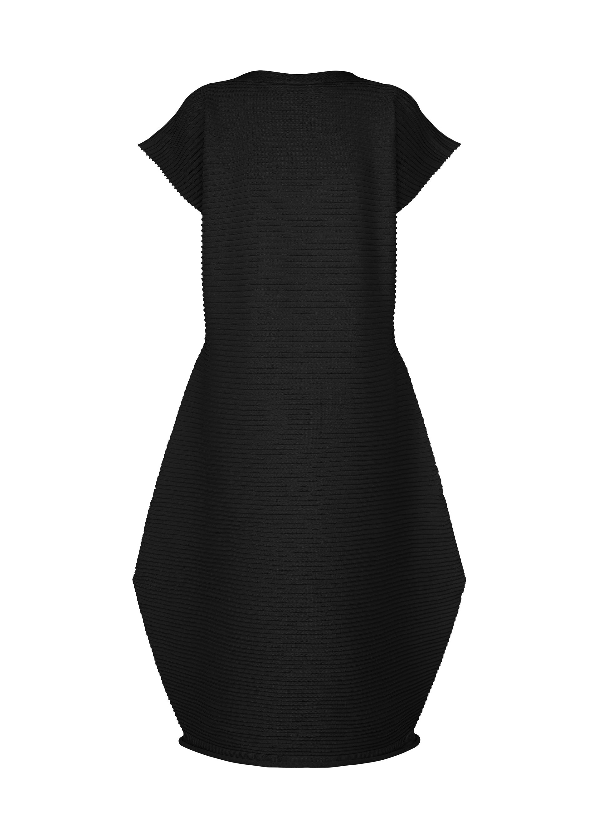Zoomed view The ZIG ZAG KNIT dress by PLEATS PLEASE ISSEY MIYAKE is a black, seamless knit design with short sleeves, featuring a structured geometric zigzag silhouette and a high-low hem, displayed against a white background. - BLACK （no.15）
