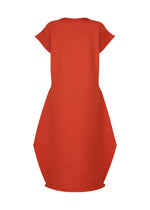 The ZIG ZAG KNIT dress by PLEATS PLEASE ISSEY MIYAKE is a vibrant red, seamless knit piece with a ribbed texture, short sleeves, and a structured sculptural zigzag silhouette. It features a slightly flared hem and is displayed against a plain white background. - RED （no.24）