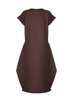 The ZIG ZAG KNIT dress by PLEATS PLEASE ISSEY MIYAKE features a brown, short-sleeved, ribbed knit design with a round neckline, loose fit, and a distinctive zigzag silhouette, shown against a plain white background. - DARK BROWN （no.47）