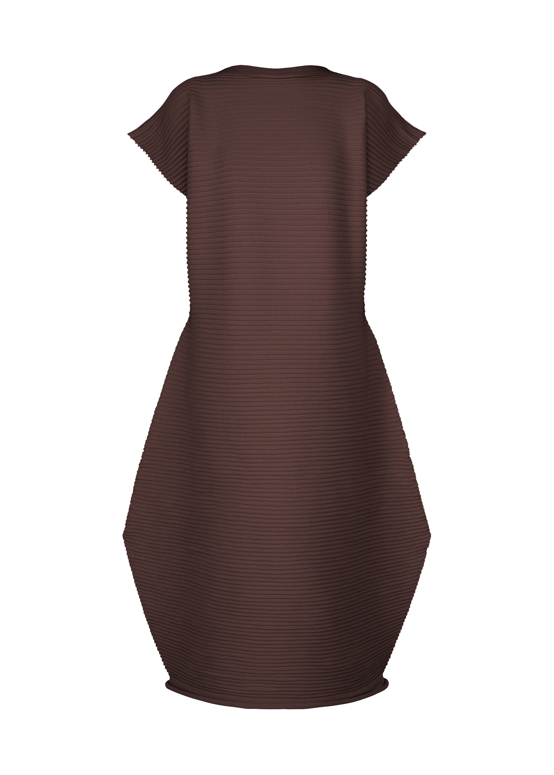 Zoomed view The ZIG ZAG KNIT dress by PLEATS PLEASE ISSEY MIYAKE features a brown, short-sleeved, ribbed knit design with a round neckline, loose fit, and a distinctive zigzag silhouette, shown against a plain white background. - DARK BROWN （no.47）