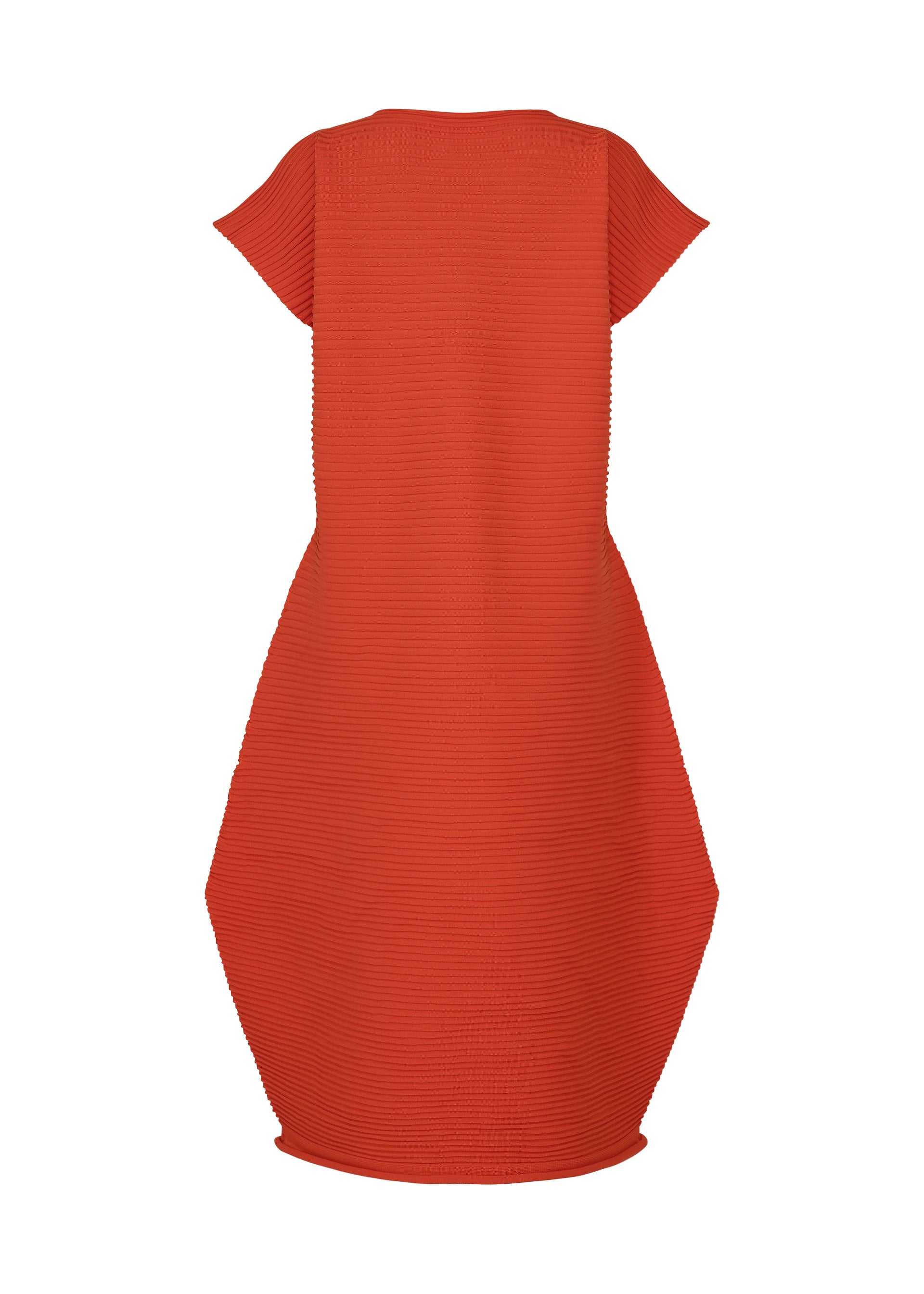 Zoomed view The ZIG ZAG KNIT dress by PLEATS PLEASE ISSEY MIYAKE is shown on a white background, featuring a red color, short sleeves, a round neckline, textured ribbed fabric, and an oversized geometric silhouette.