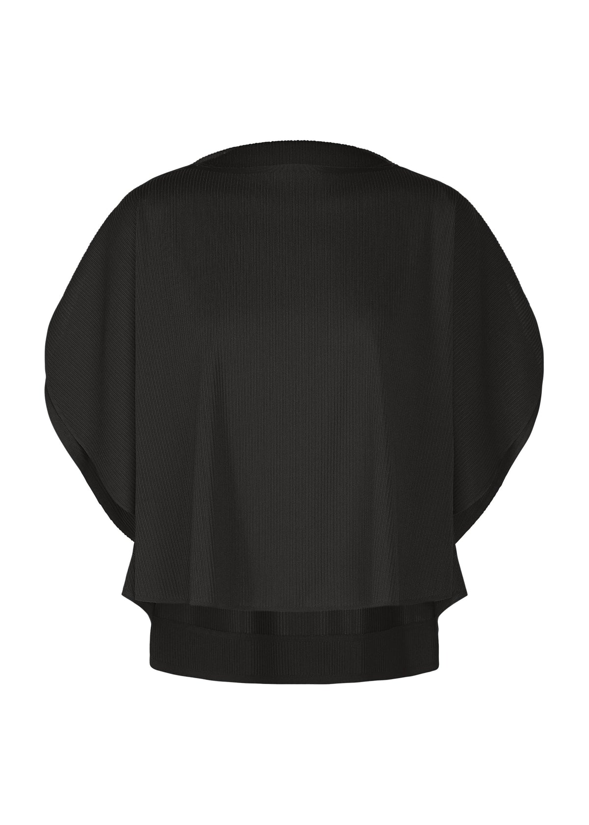 A loose-fitting, short-sleeved black round-neck top from PLEATS PLEASE ISSEY MIYAKE’s A-POC SLICE series, with wide batwing sleeves and a ribbed texture, is displayed against a white background. view 2 of 9